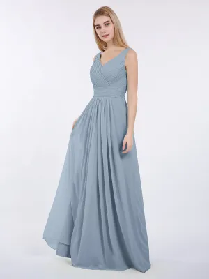 A-line Chiffon Floor Length V Neck Dresses Dusty Blue
