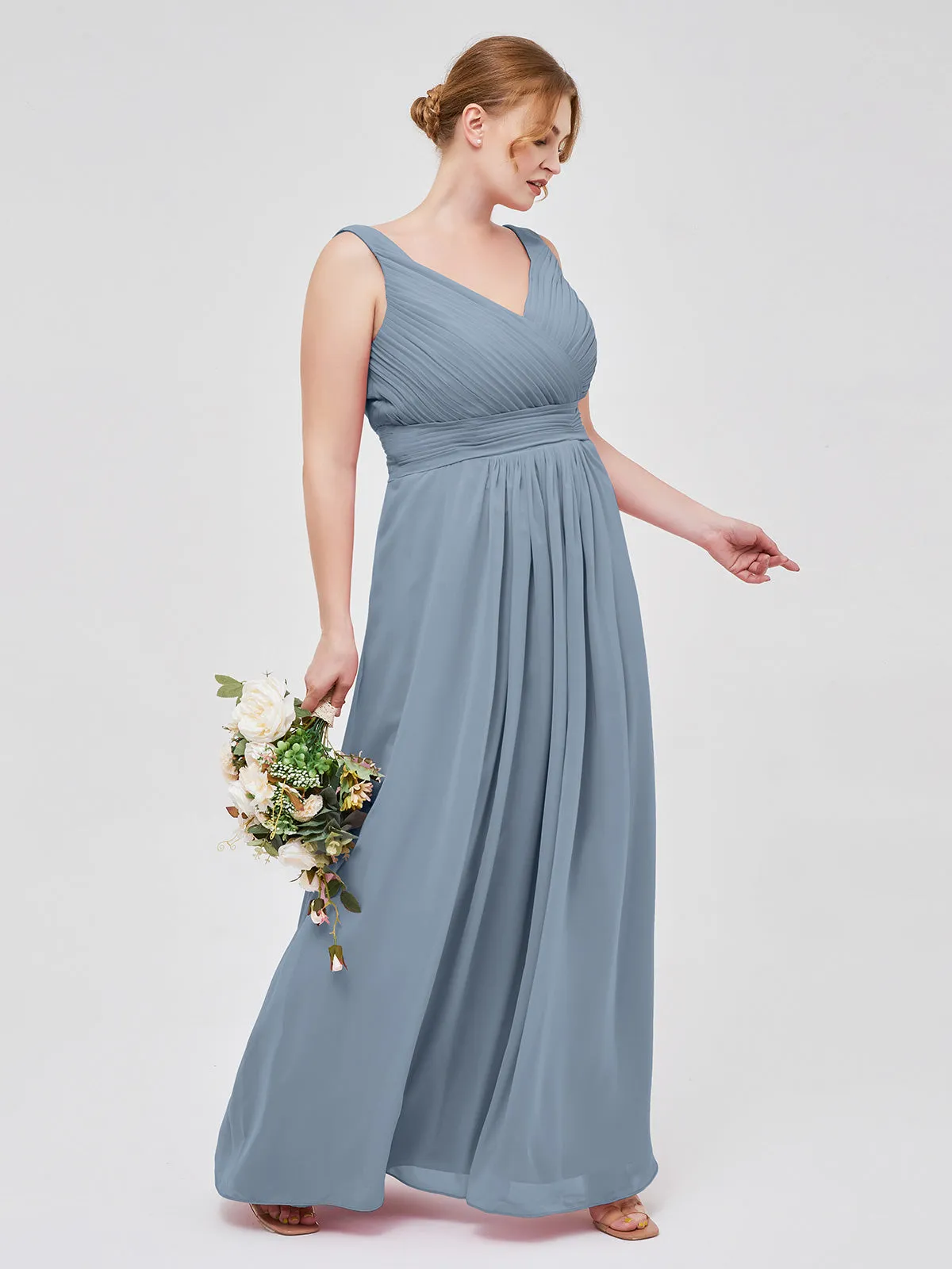 A-line Chiffon Floor Length V Neck Dresses Dusty Blue