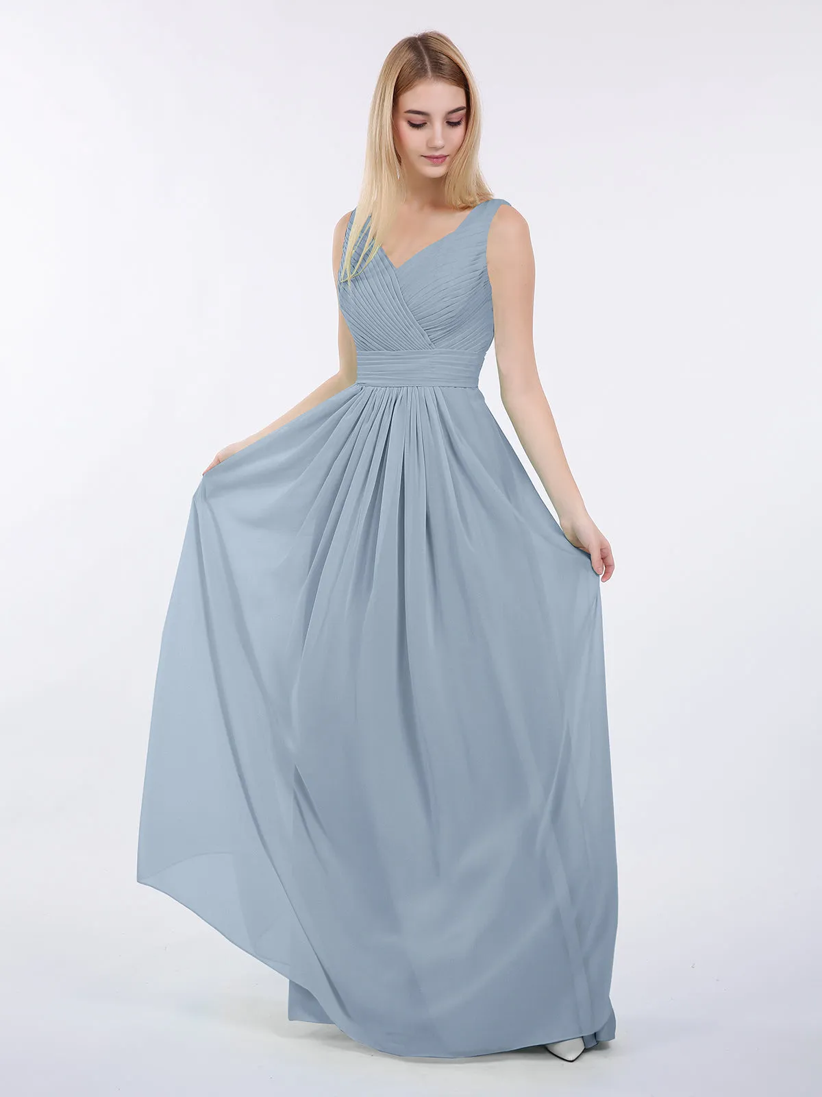 A-line Chiffon Floor Length V Neck Dresses Dusty Blue