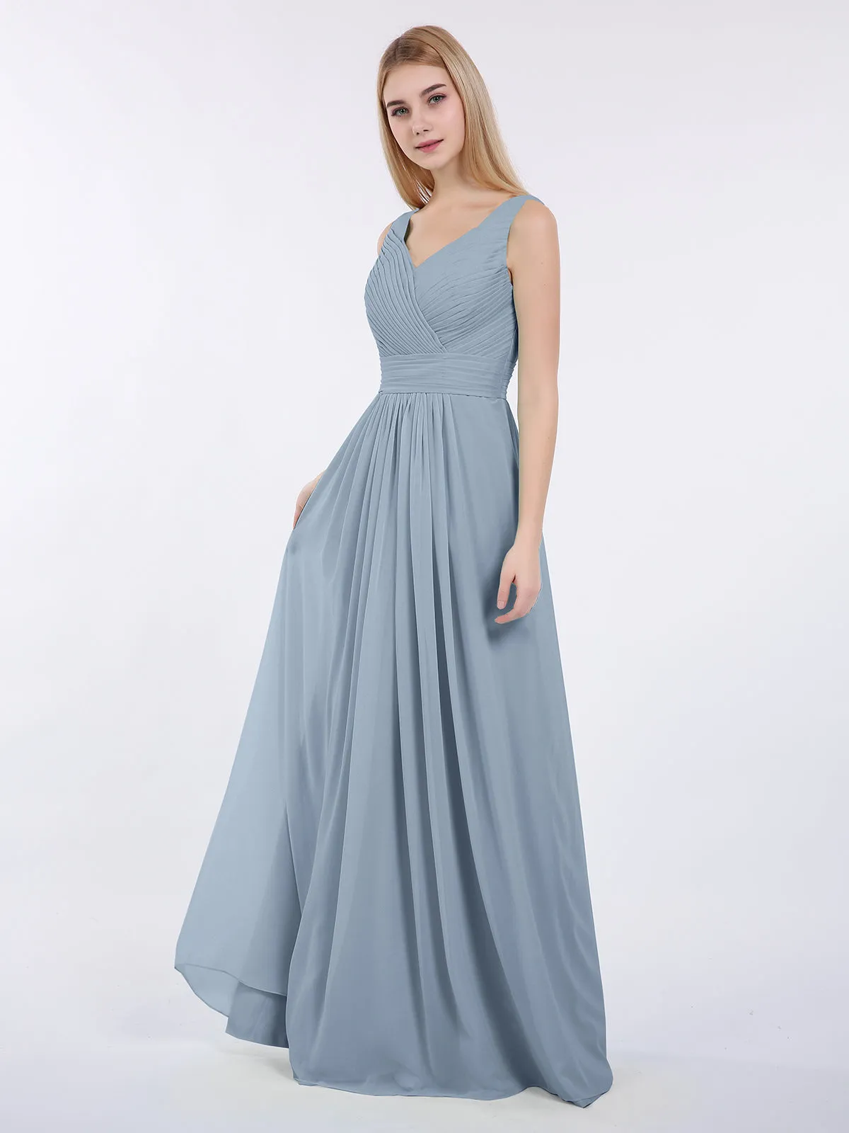 A-line Chiffon Floor Length V Neck Dresses Dusty Blue