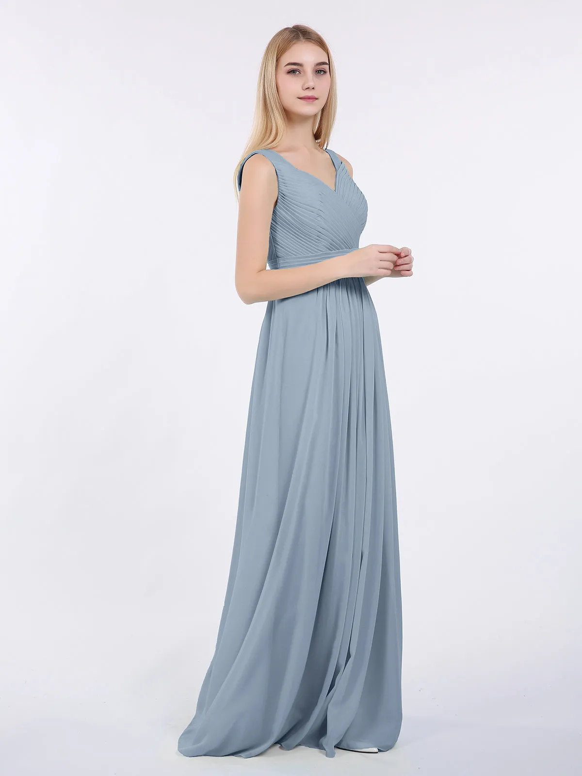 A-line Chiffon Floor Length V Neck Dresses Dusty Blue