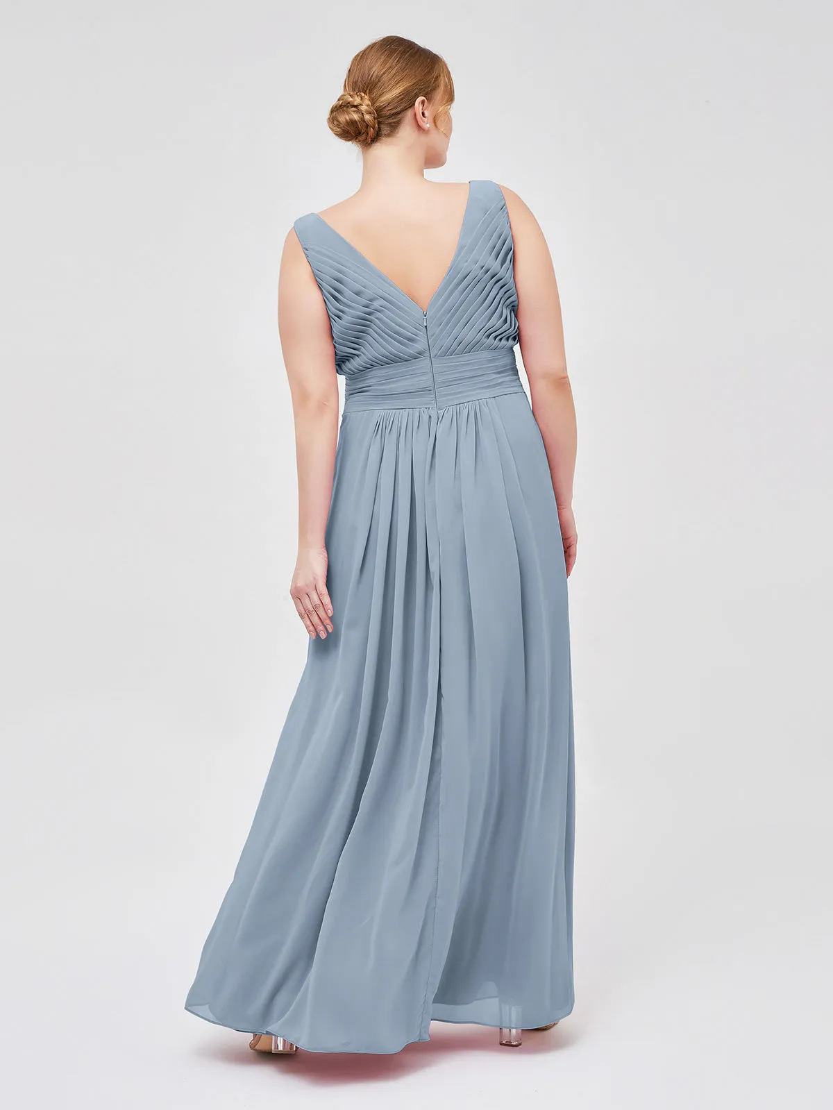 A-line Chiffon Floor Length V Neck Dresses Dusty Blue