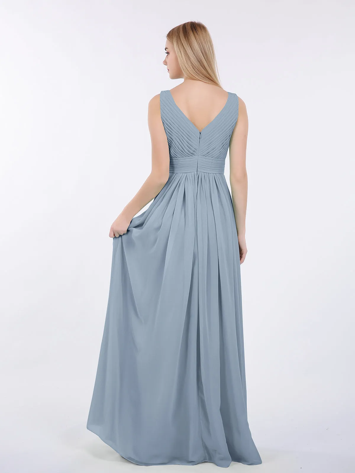 A-line Chiffon Floor Length V Neck Dresses Dusty Blue