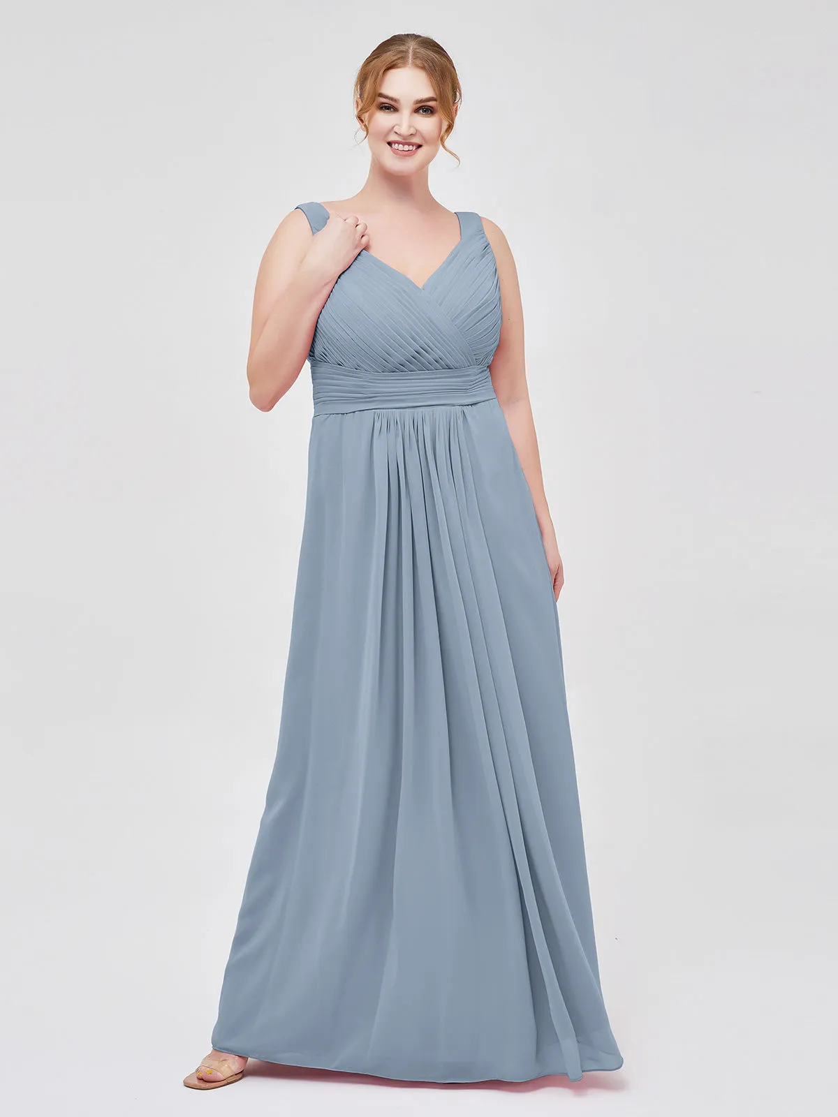 A-line Chiffon Floor Length V Neck Dresses Dusty Blue