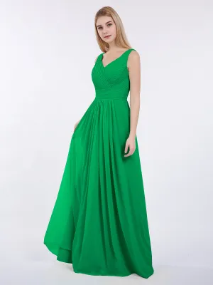 A-line Chiffon Floor Length V Neck Dresses Emerald