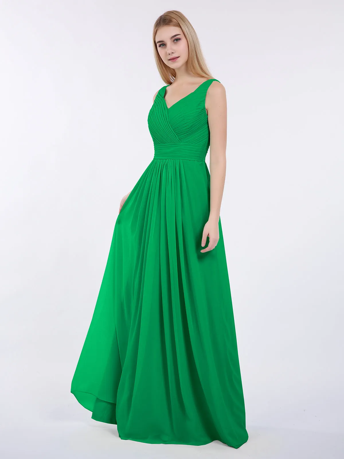 A-line Chiffon Floor Length V Neck Dresses Emerald