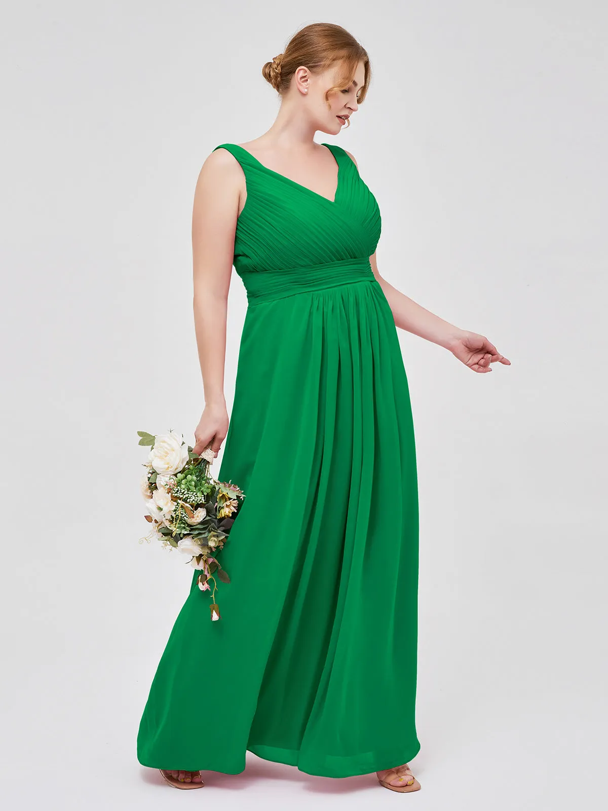 A-line Chiffon Floor Length V Neck Dresses Emerald