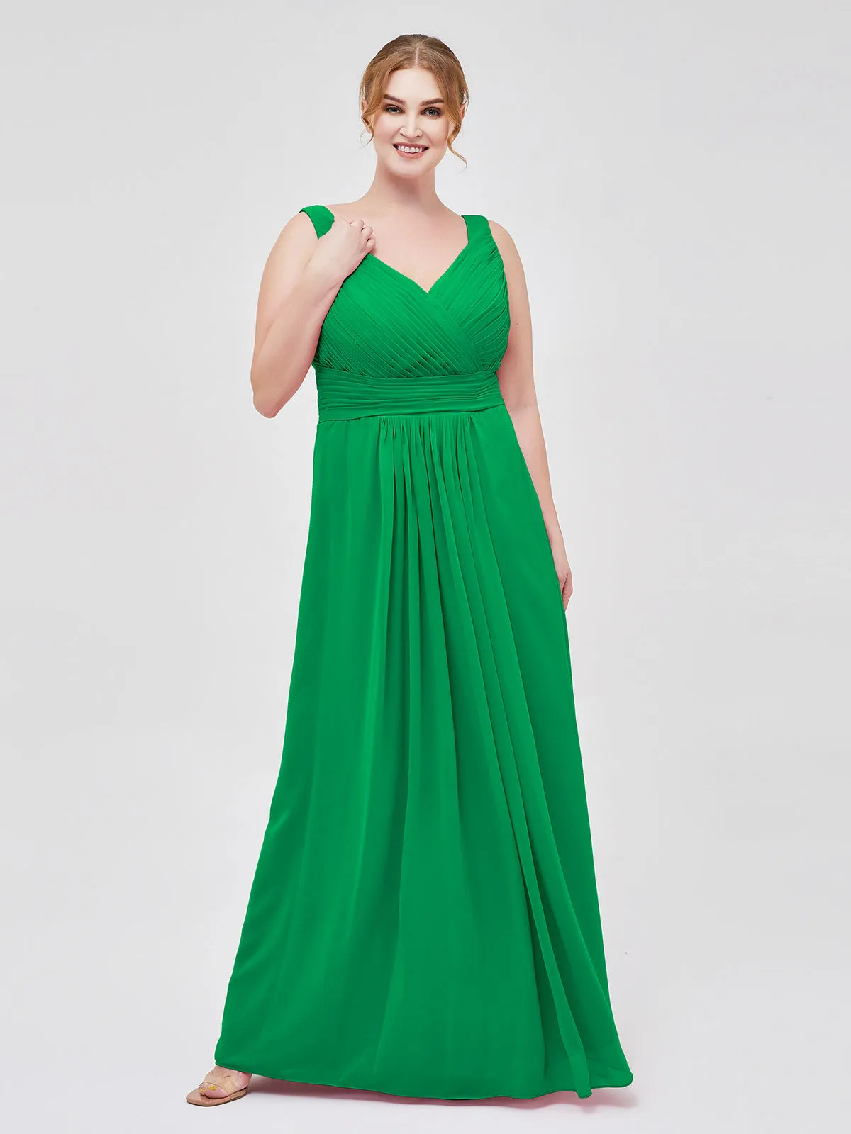 A-line Chiffon Floor Length V Neck Dresses Emerald