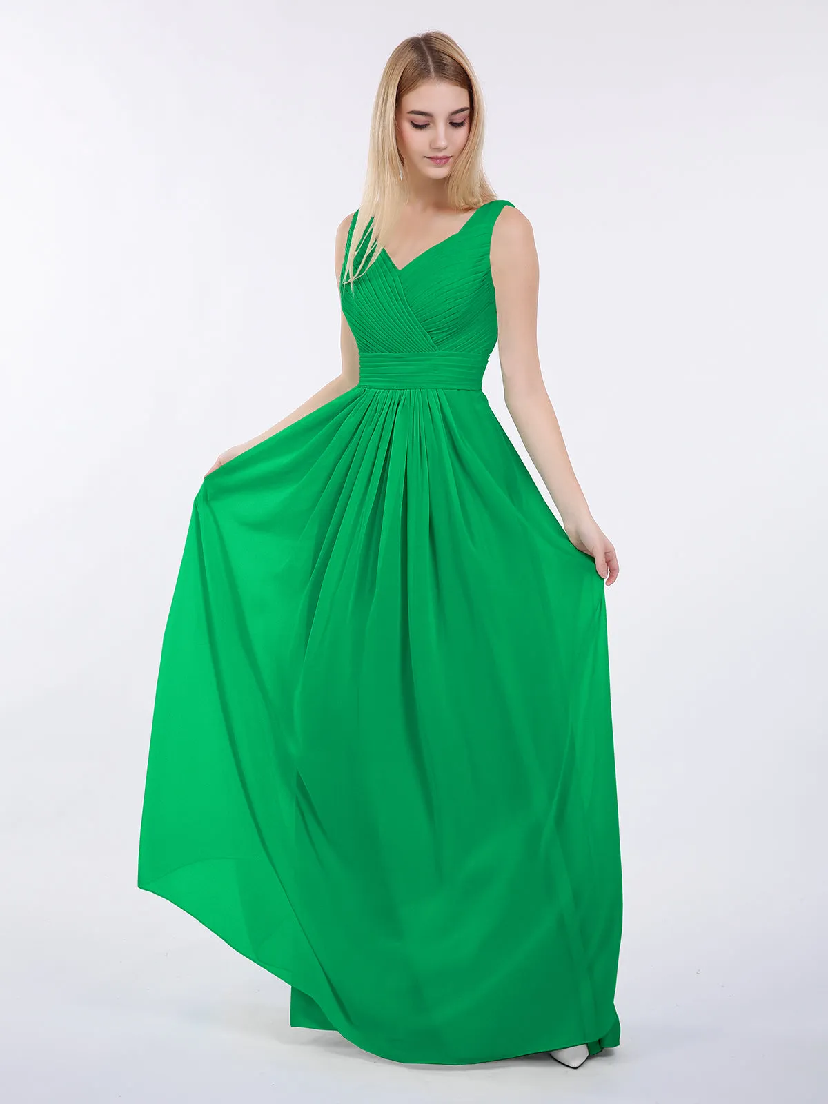 A-line Chiffon Floor Length V Neck Dresses Emerald