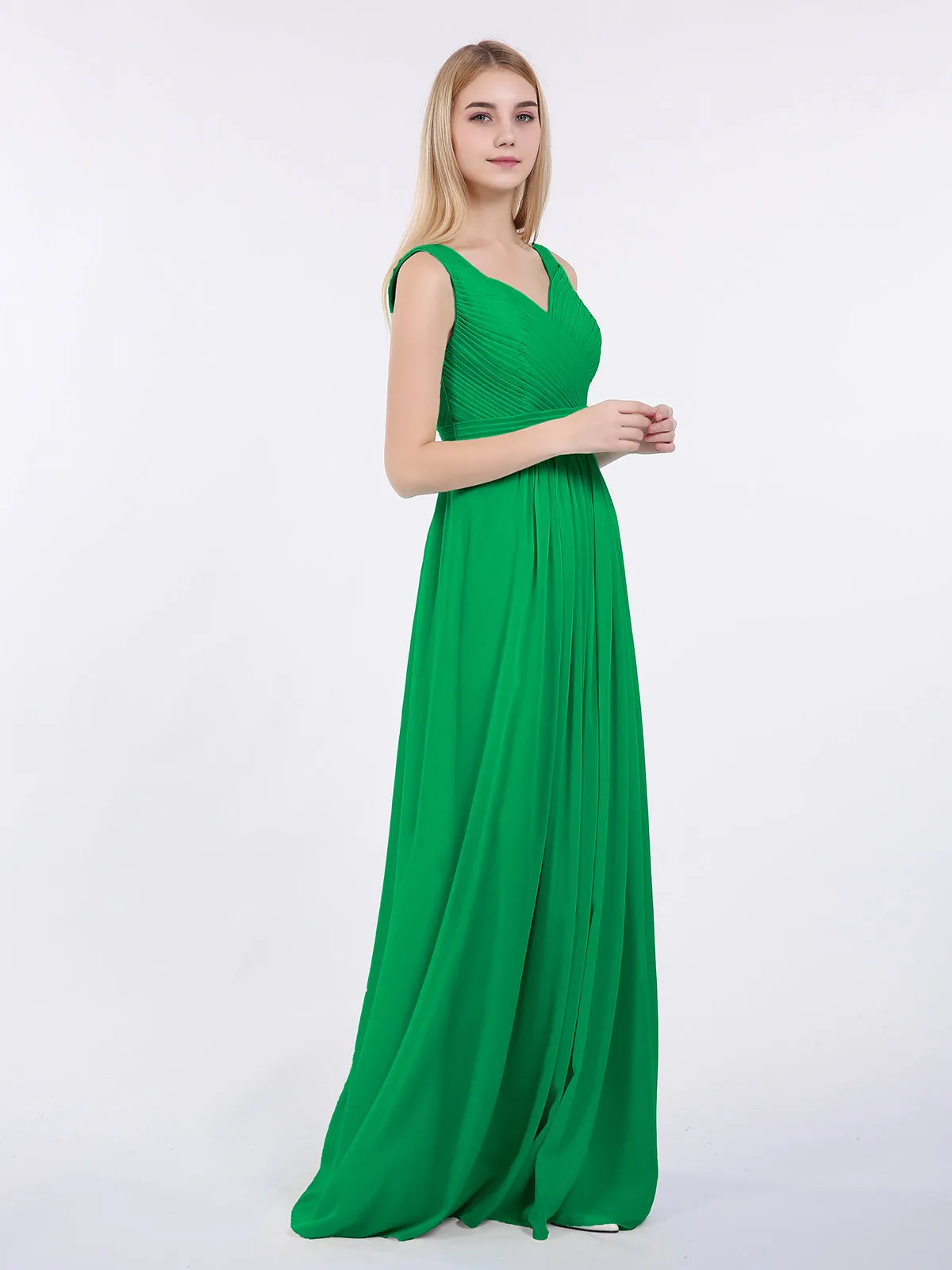 A-line Chiffon Floor Length V Neck Dresses Emerald