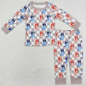 Baby Kids Pajamas Dog Checkered Shirt Pants Pajamas Clothes Sets BLP0957