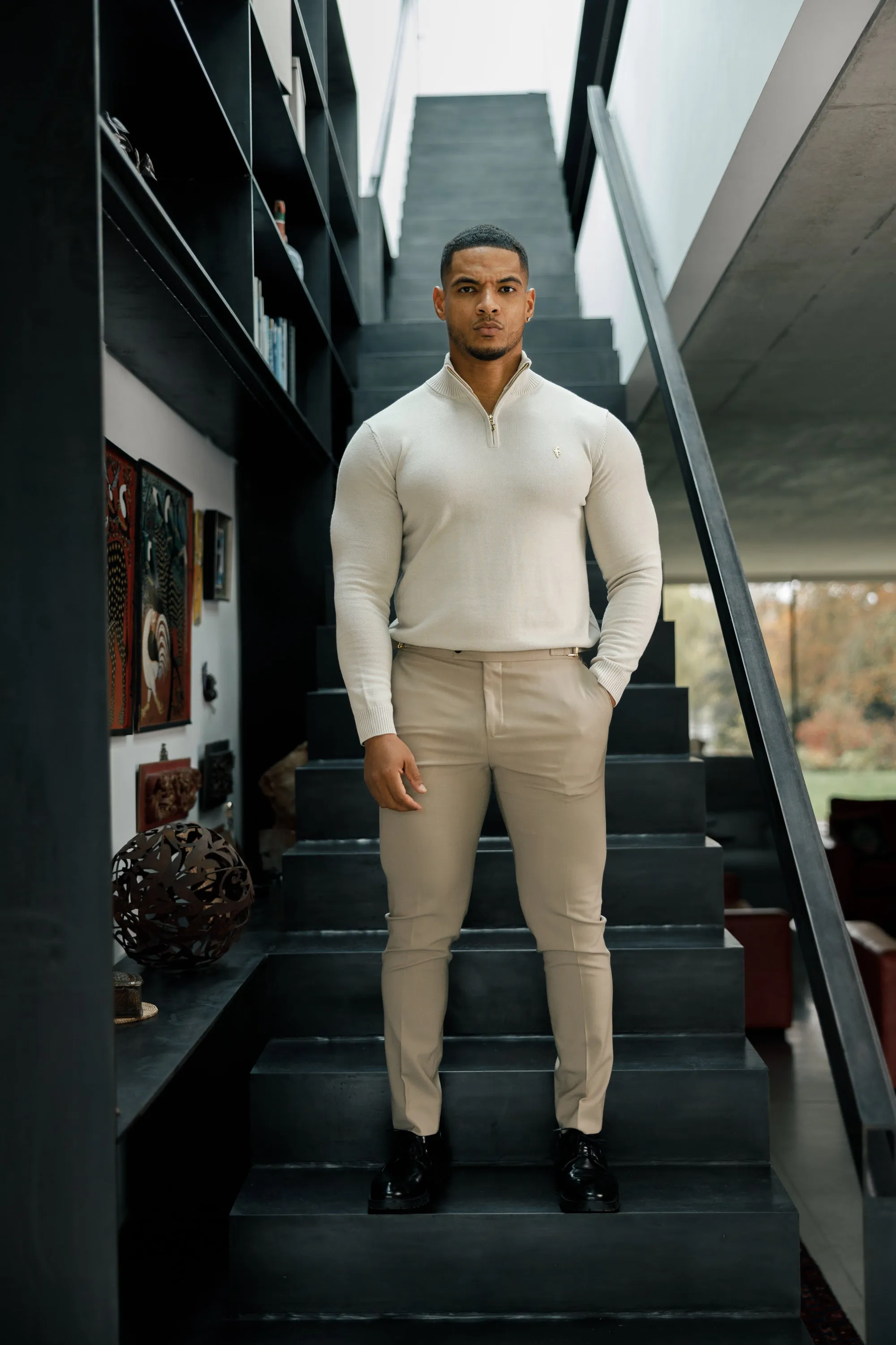 Father Sons Beige Funnel Neck 1/2 Zip Knitted Sweater - FSN118