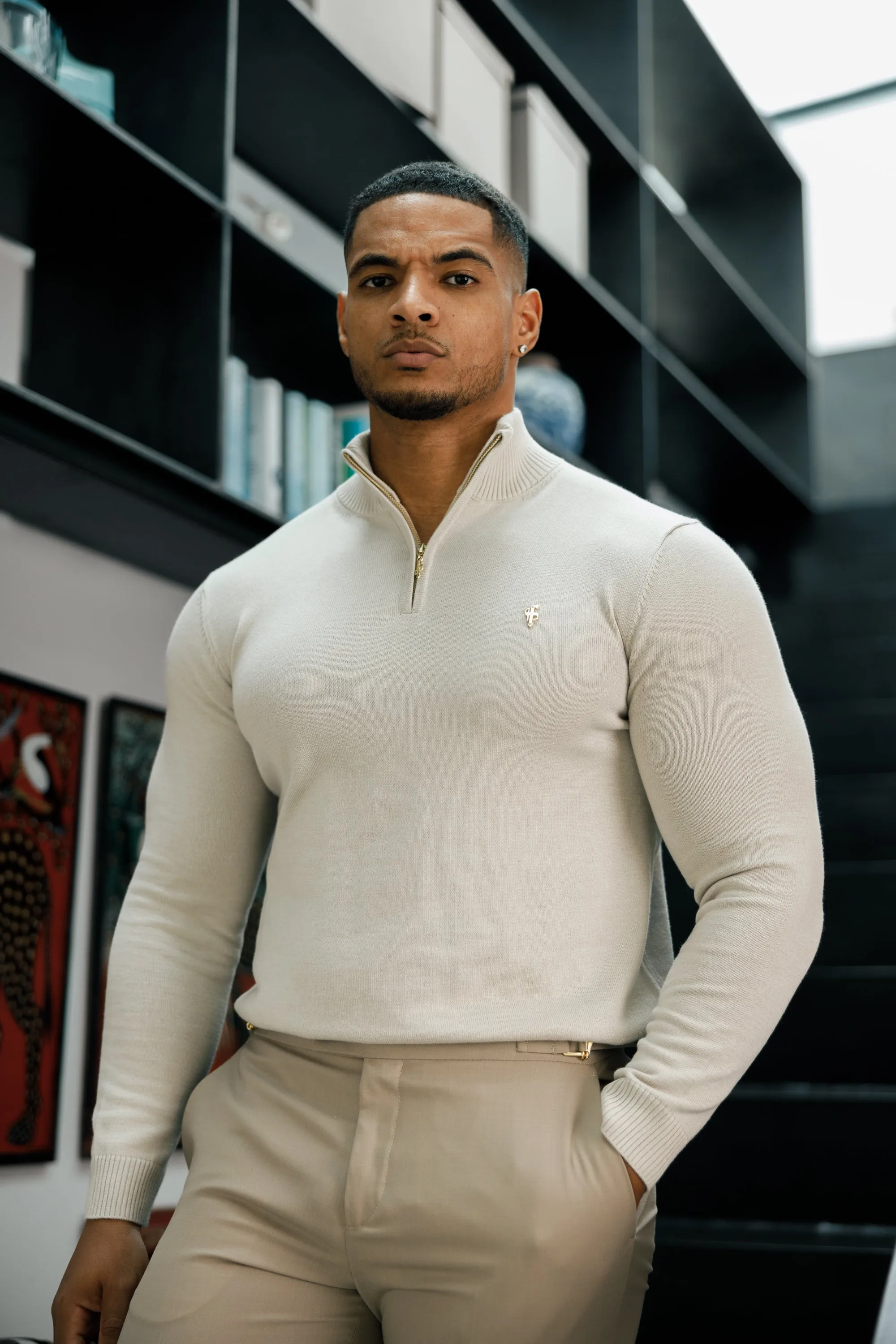 Father Sons Beige Funnel Neck 1/2 Zip Knitted Sweater - FSN118