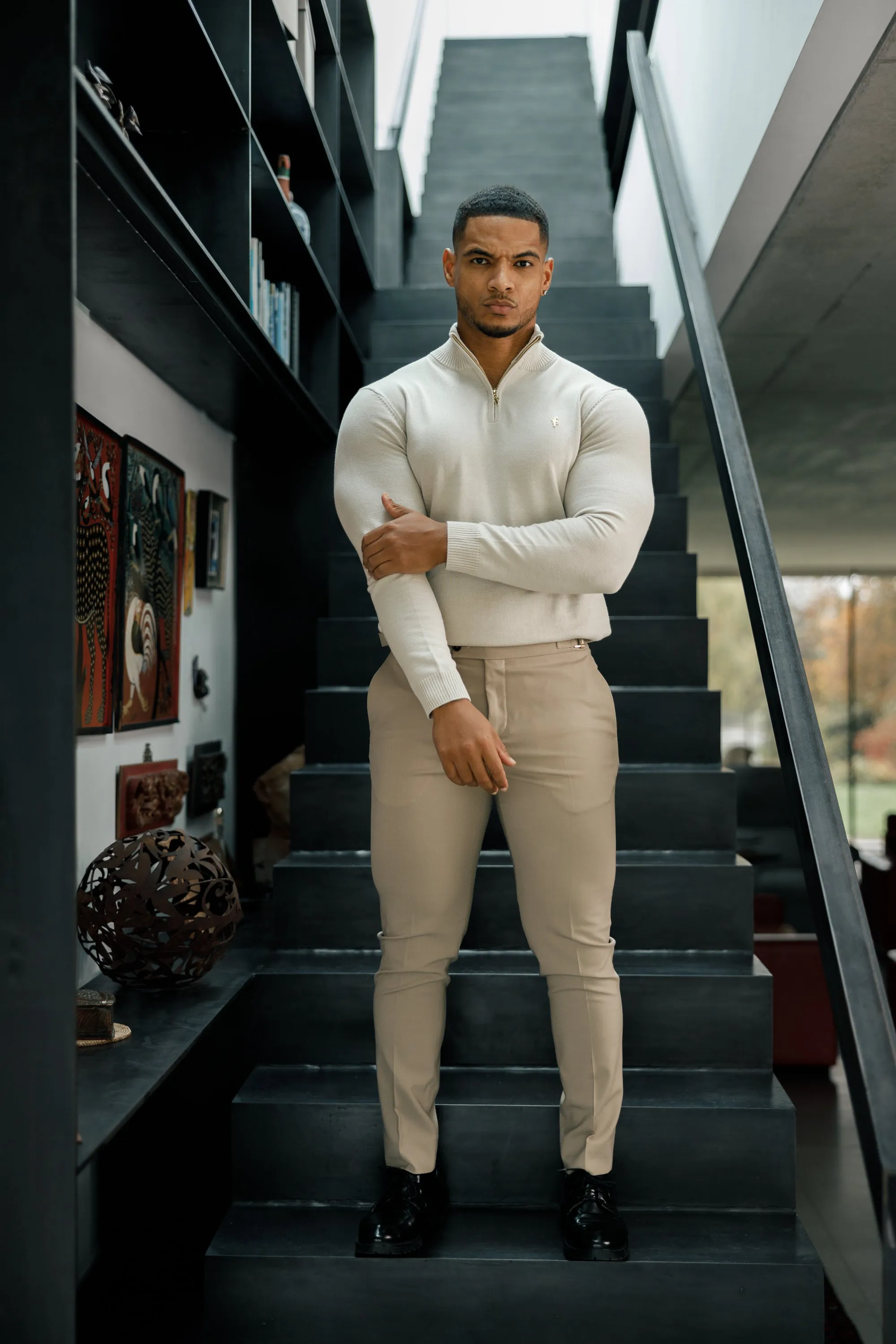 Father Sons Beige Funnel Neck 1/2 Zip Knitted Sweater - FSN118