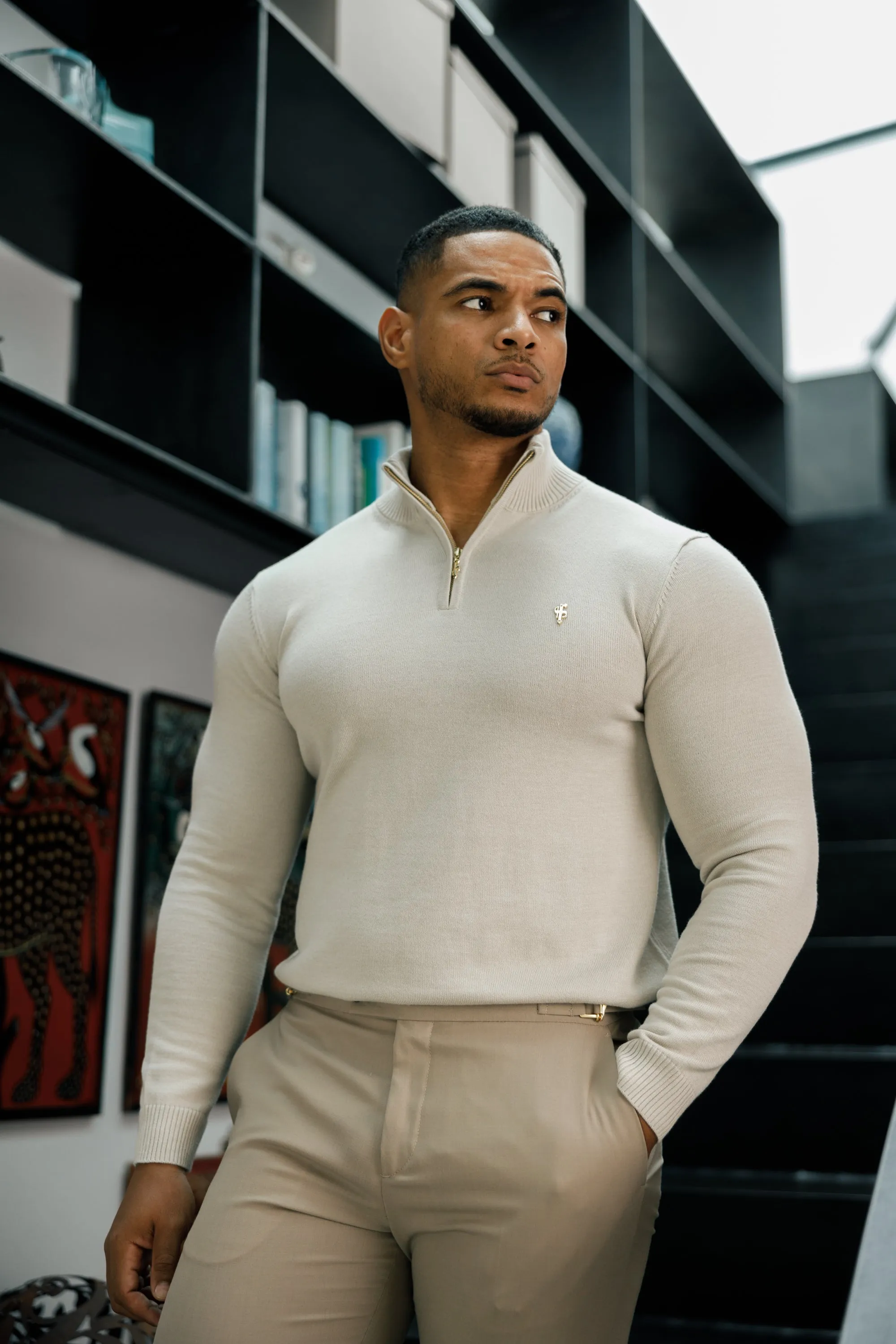 Father Sons Beige Funnel Neck 1/2 Zip Knitted Sweater - FSN118