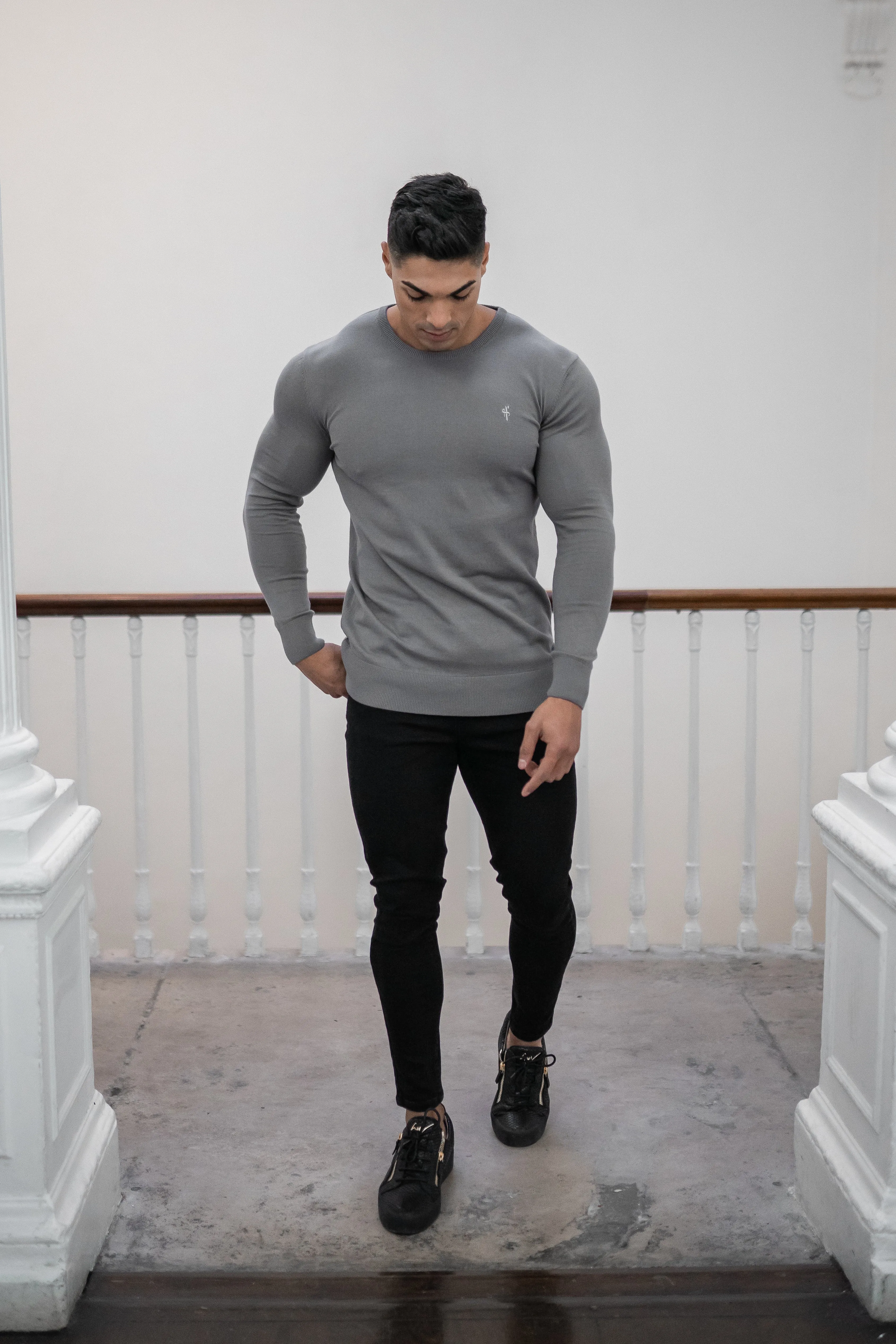 Father Sons Classic Charcoal Grey Crew Knitted Sweater (Charcoal Emblem) - FSH366