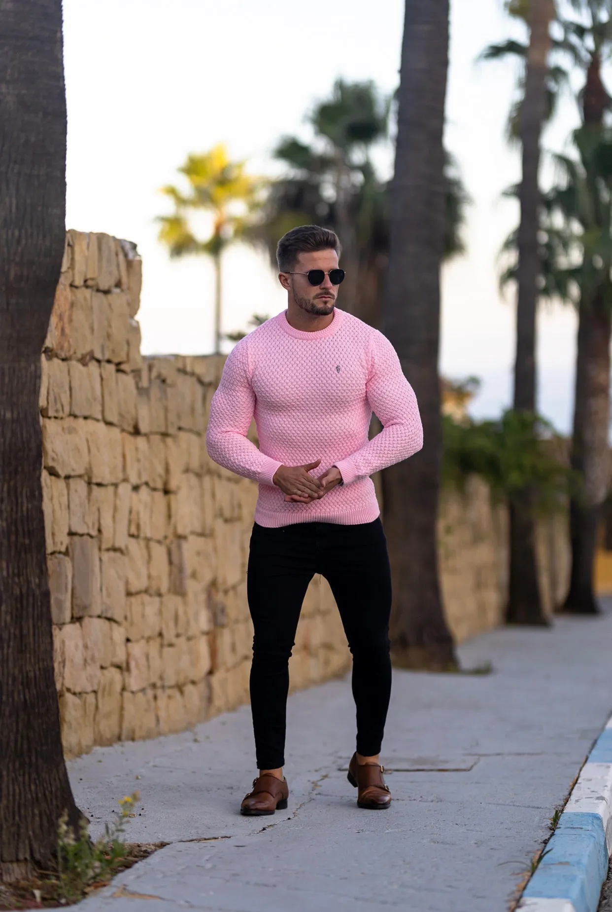 Father Sons Pink Knitted Weave Super Slim Sweater With Metal Decal - FSJ023