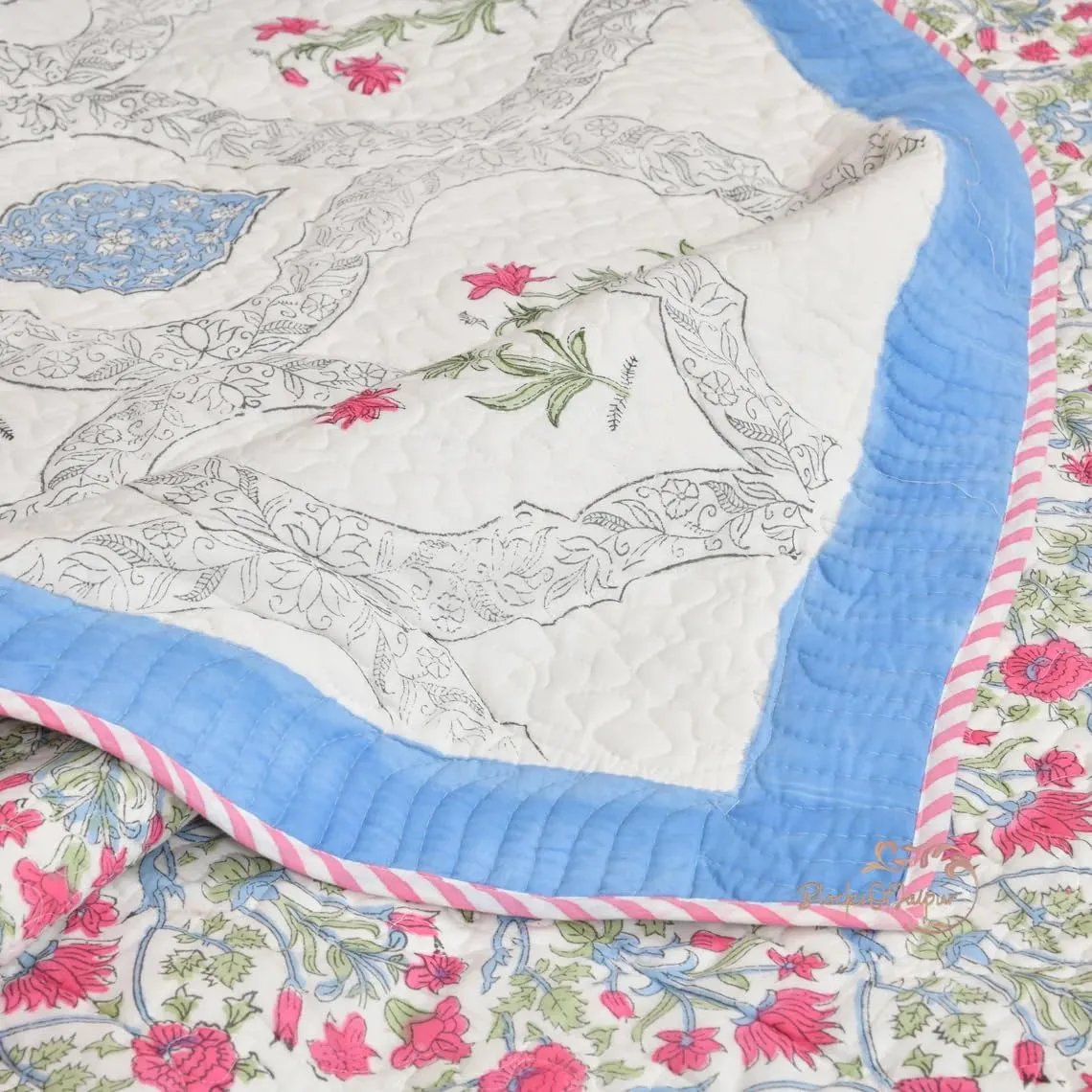 FEELRAX 380 GSM Jaipuri Razai Hand Block Machine Quilting Printed Quilted Bedspread Bedcover with 2 Pillow Cover Winter Cotton King Size Quilt Razai - King Size Multicolor, Rajai 108X108 Inch