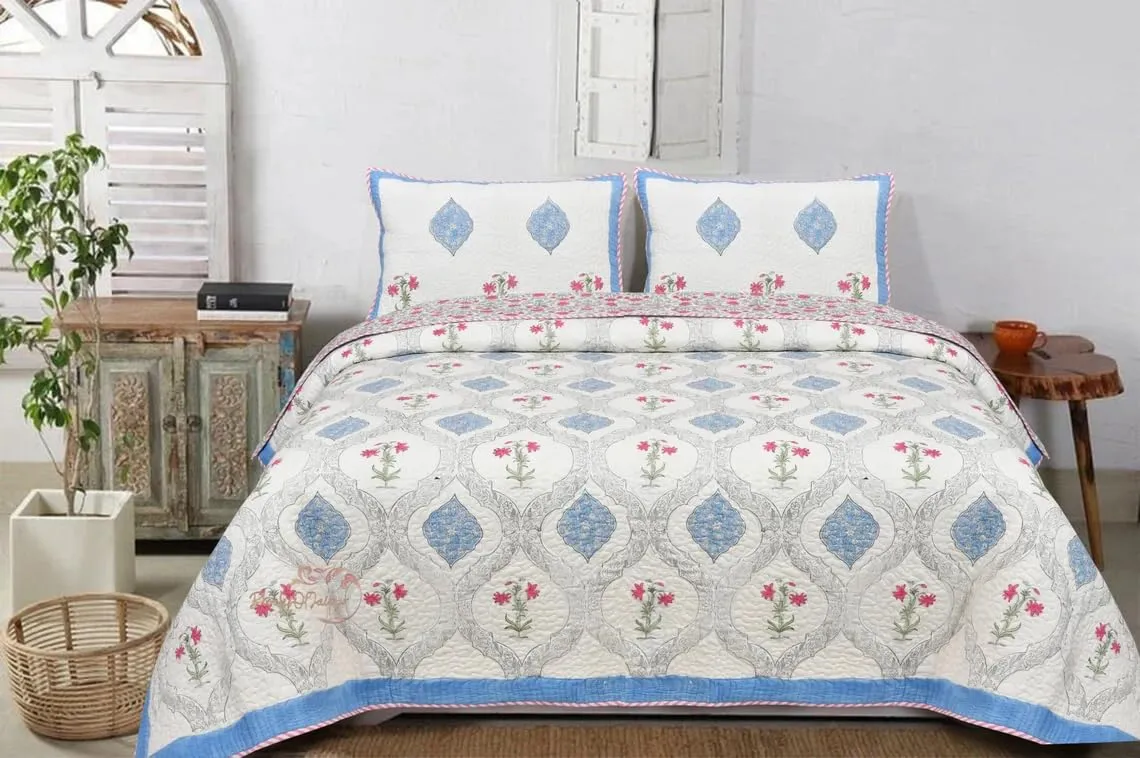 FEELRAX 380 GSM Jaipuri Razai Hand Block Machine Quilting Printed Quilted Bedspread Bedcover with 2 Pillow Cover Winter Cotton King Size Quilt Razai - King Size Multicolor, Rajai 108X108 Inch