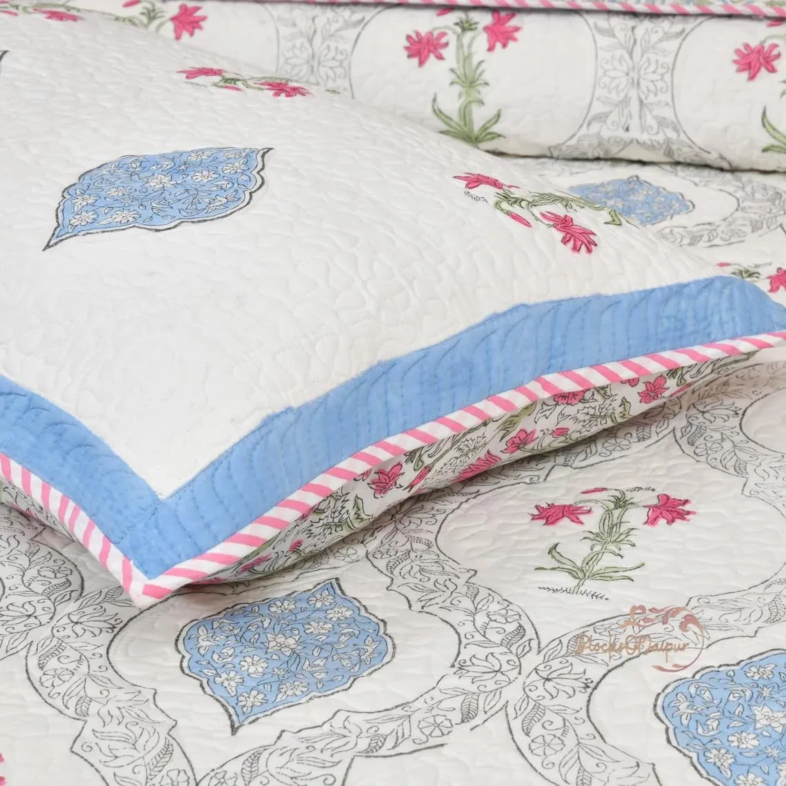 FEELRAX 380 GSM Jaipuri Razai Hand Block Machine Quilting Printed Quilted Bedspread Bedcover with 2 Pillow Cover Winter Cotton King Size Quilt Razai - King Size Multicolor, Rajai 108X108 Inch