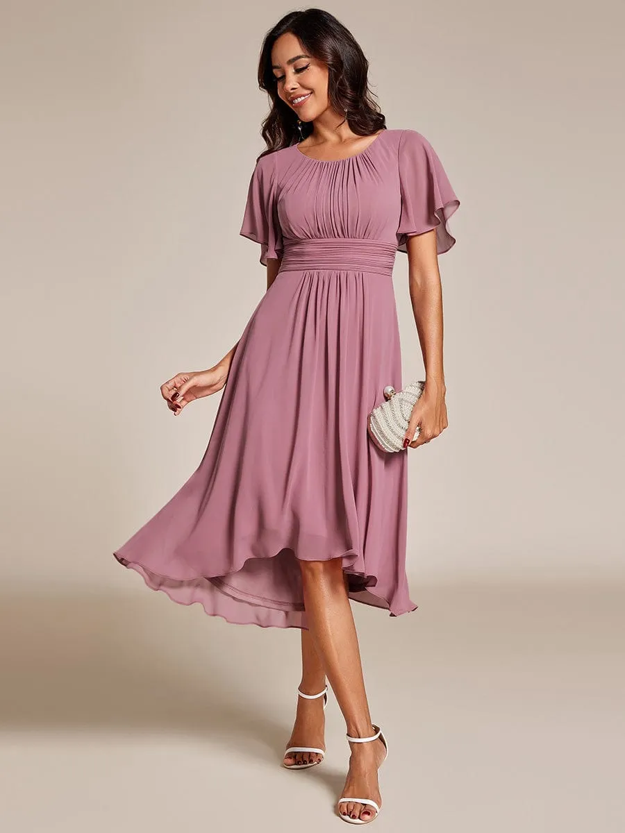 Flowy Chiffon Round Neckline A-Line Knee Length Wedding Guest Dress