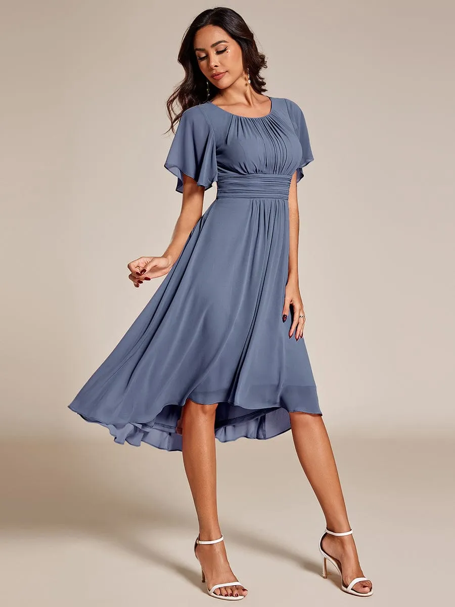 Flowy Chiffon Round Neckline A-Line Knee Length Wedding Guest Dress