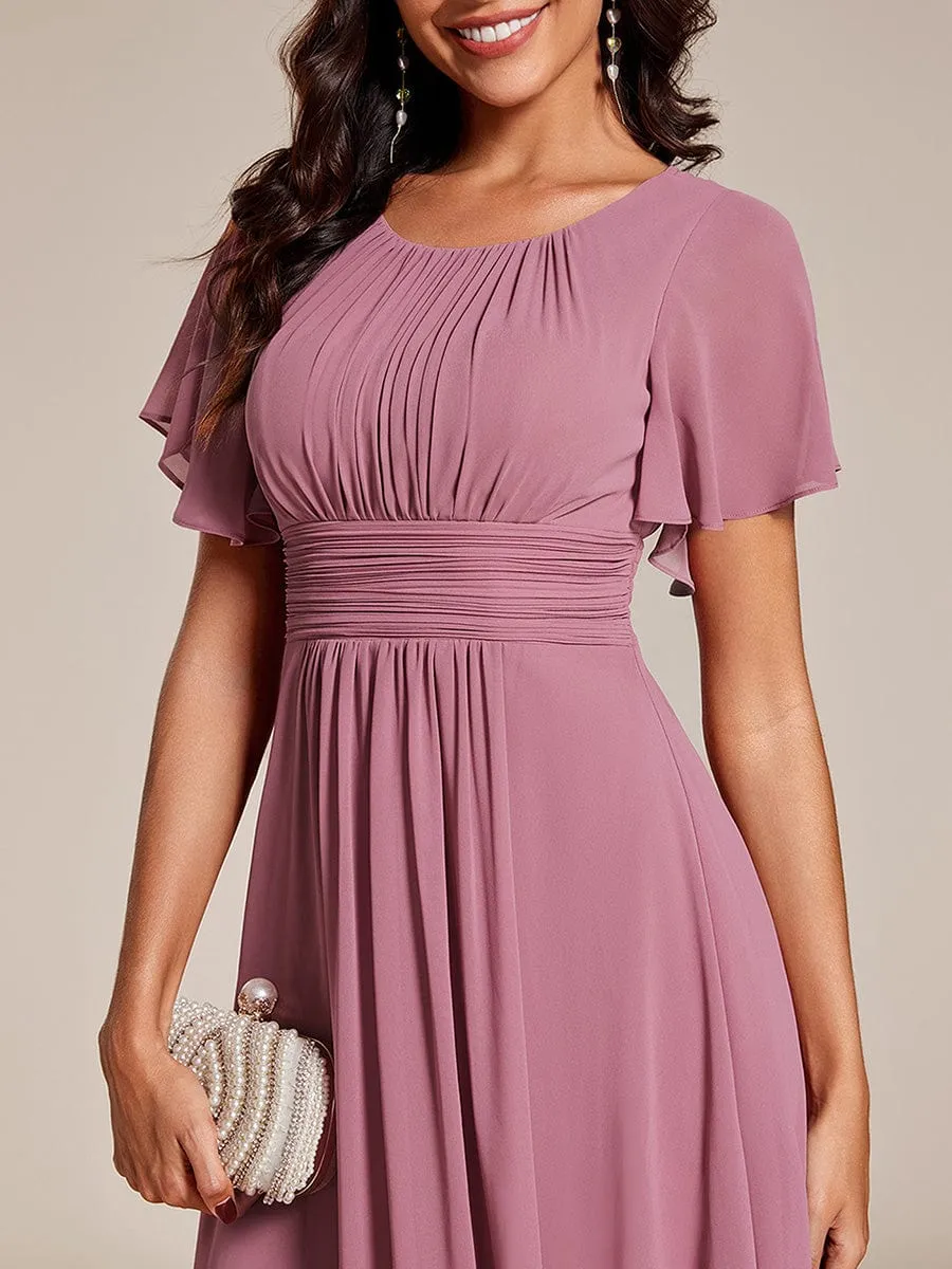 Flowy Chiffon Round Neckline A-Line Knee Length Wedding Guest Dress