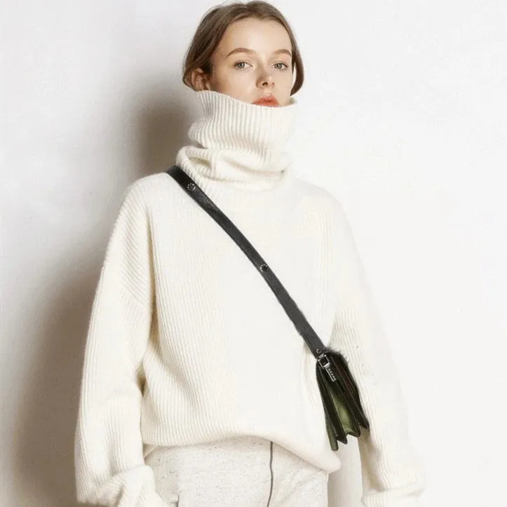 Flytonn-DY Wool Women's Sweater Autumn Winter Warm Turtlenecks Casual Loose Oversized Lady Sweaters Knitted Pullover Top Pull Femme
