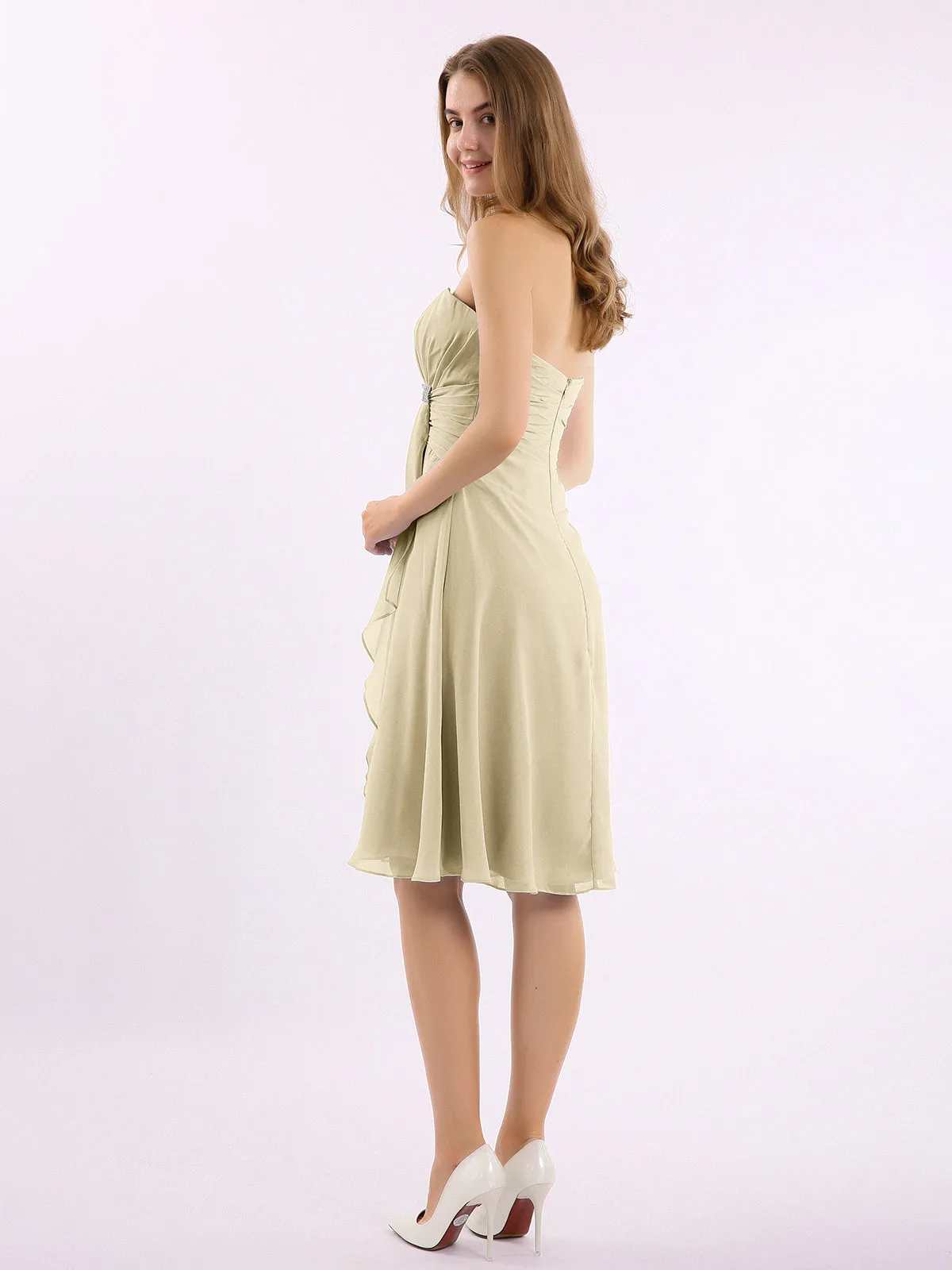 Knee Length Chiffon Dress with Sweetheart Neck-Champagne