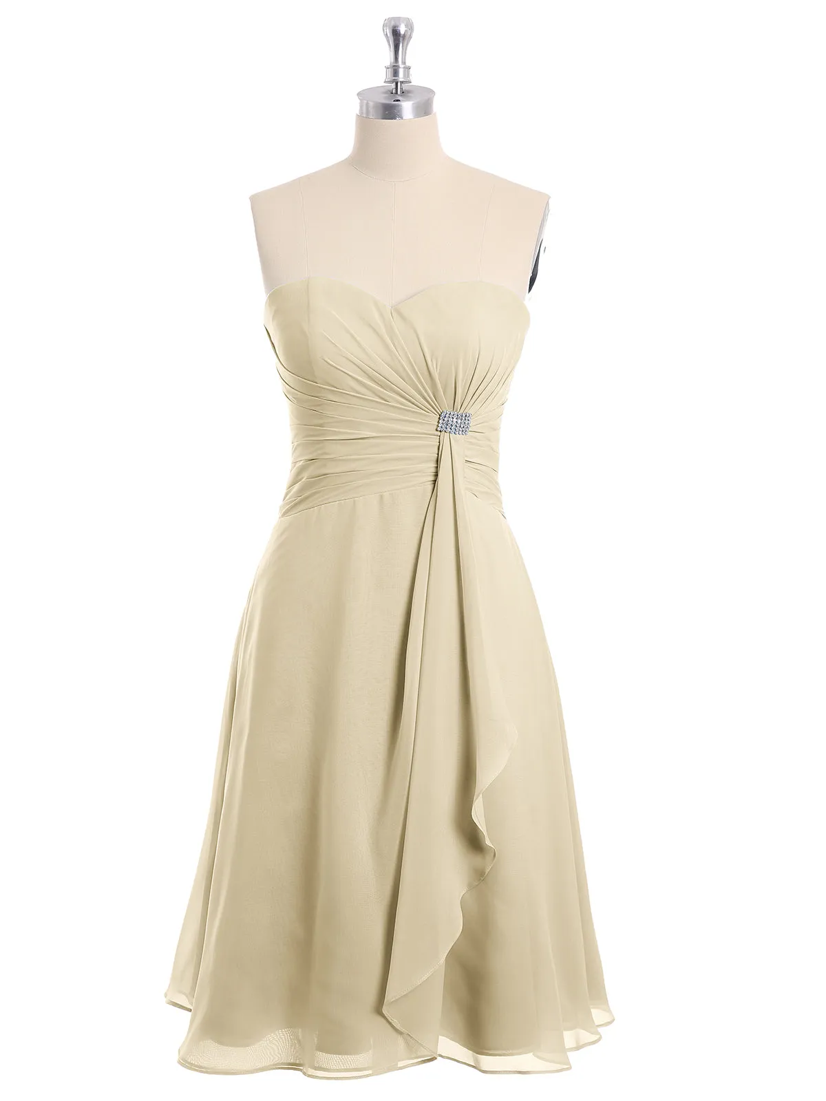 Knee Length Chiffon Dress with Sweetheart Neck-Champagne