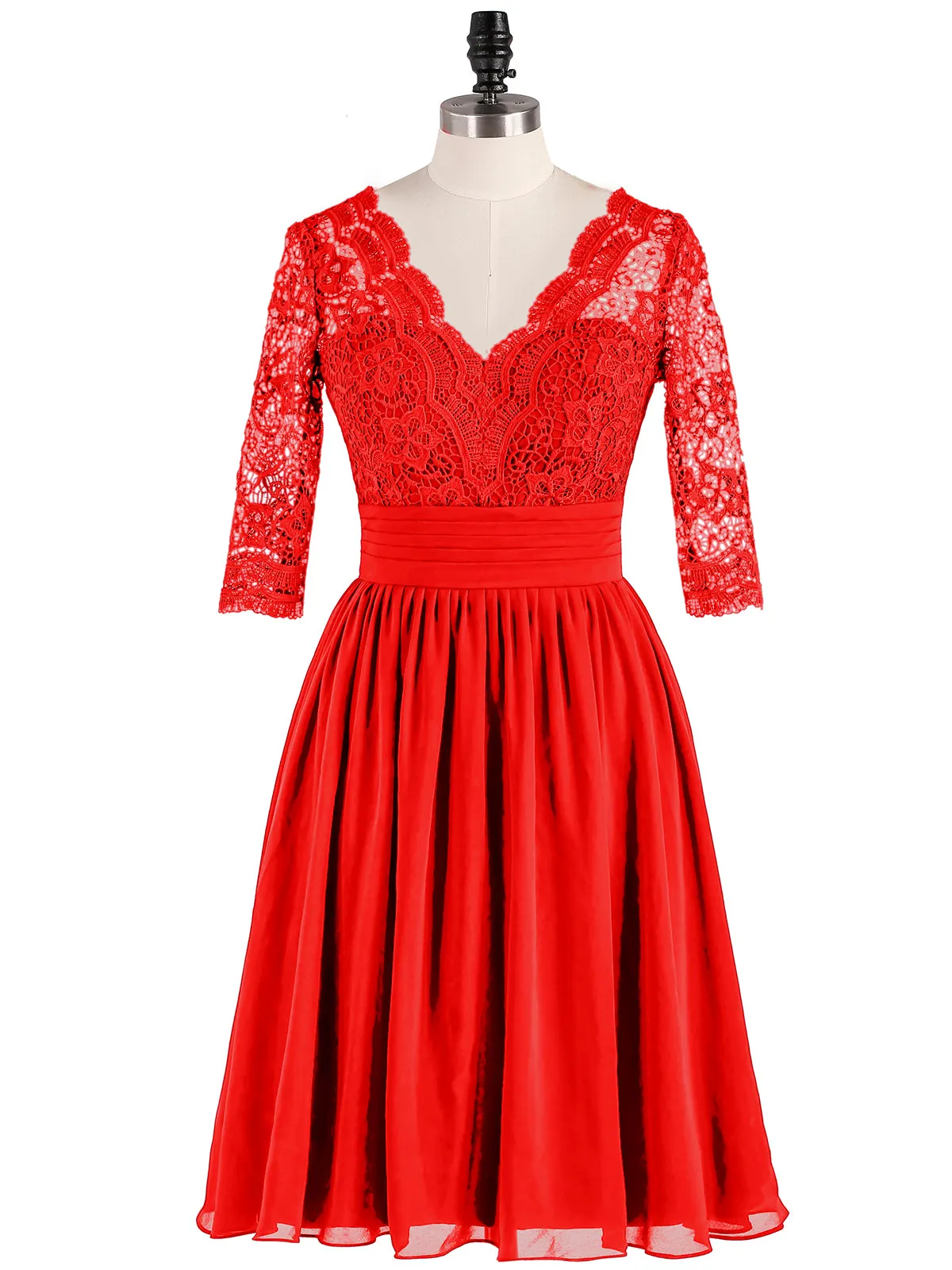 Lace and Chiffon Short Dress with Half Sleeves Red