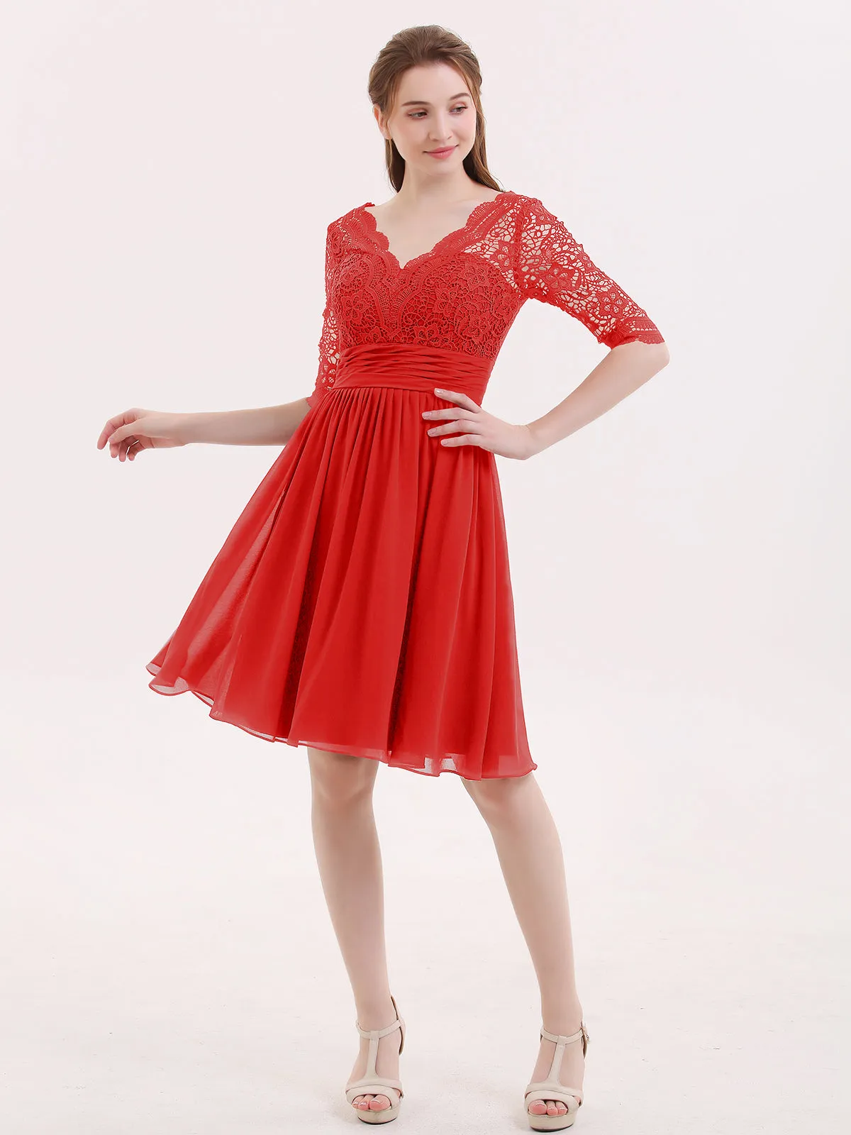Lace and Chiffon Short Dress with Half Sleeves Red