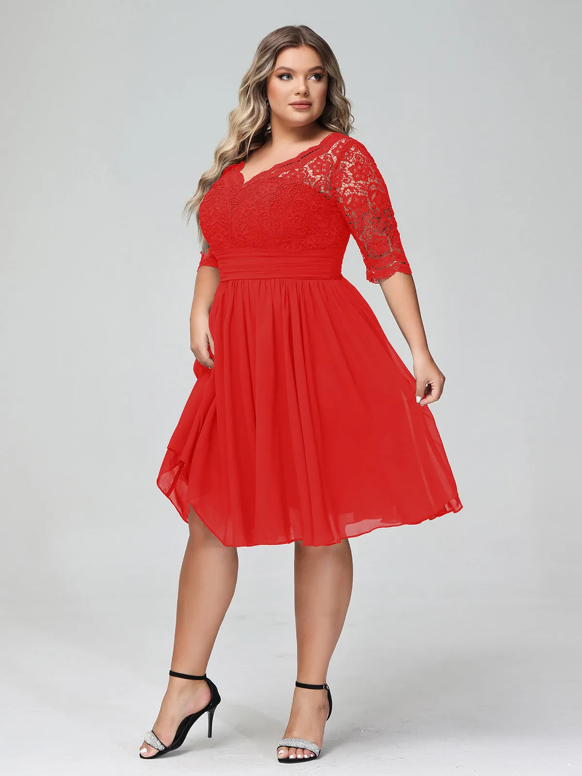 Lace and Chiffon Short Dress with Half Sleeves Red