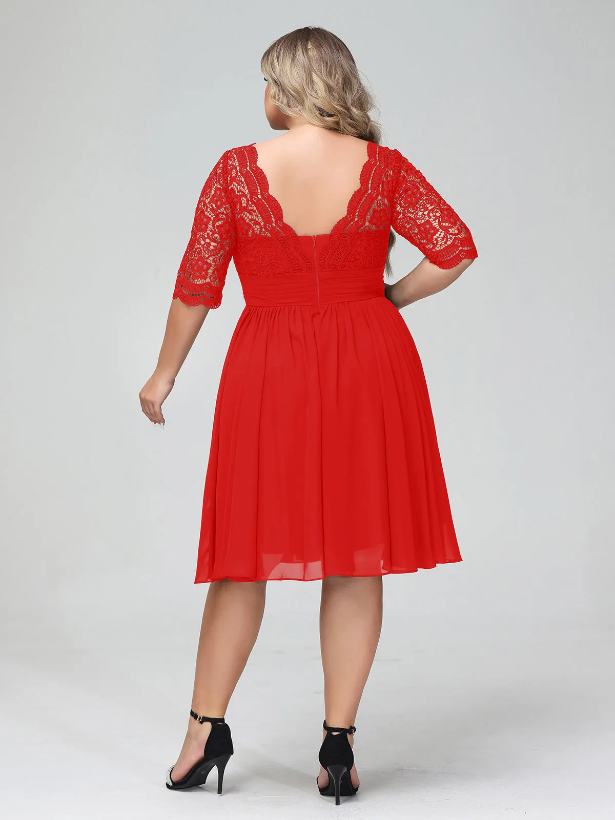 Lace and Chiffon Short Dress with Half Sleeves Red