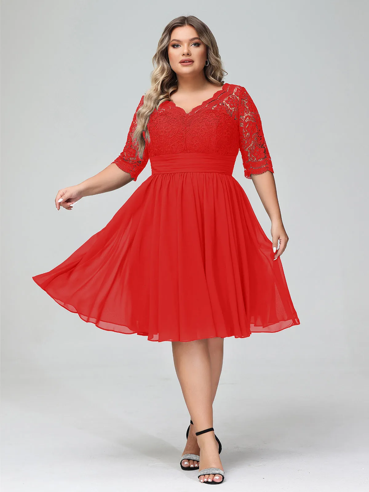 Lace and Chiffon Short Dress with Half Sleeves Red