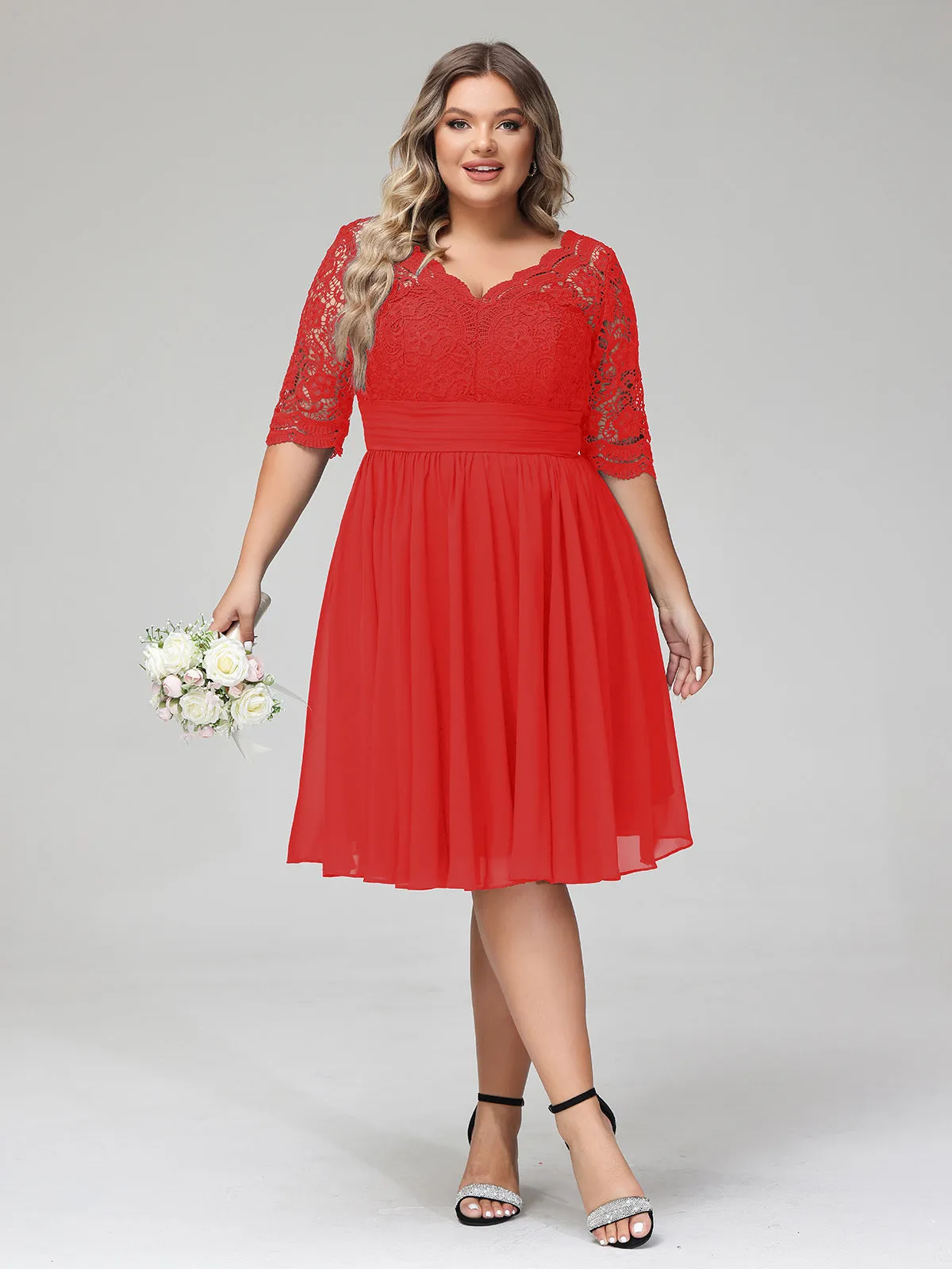Lace and Chiffon Short Dress with Half Sleeves Red