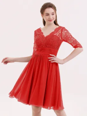 Lace and Chiffon Short Dress with Half Sleeves Red