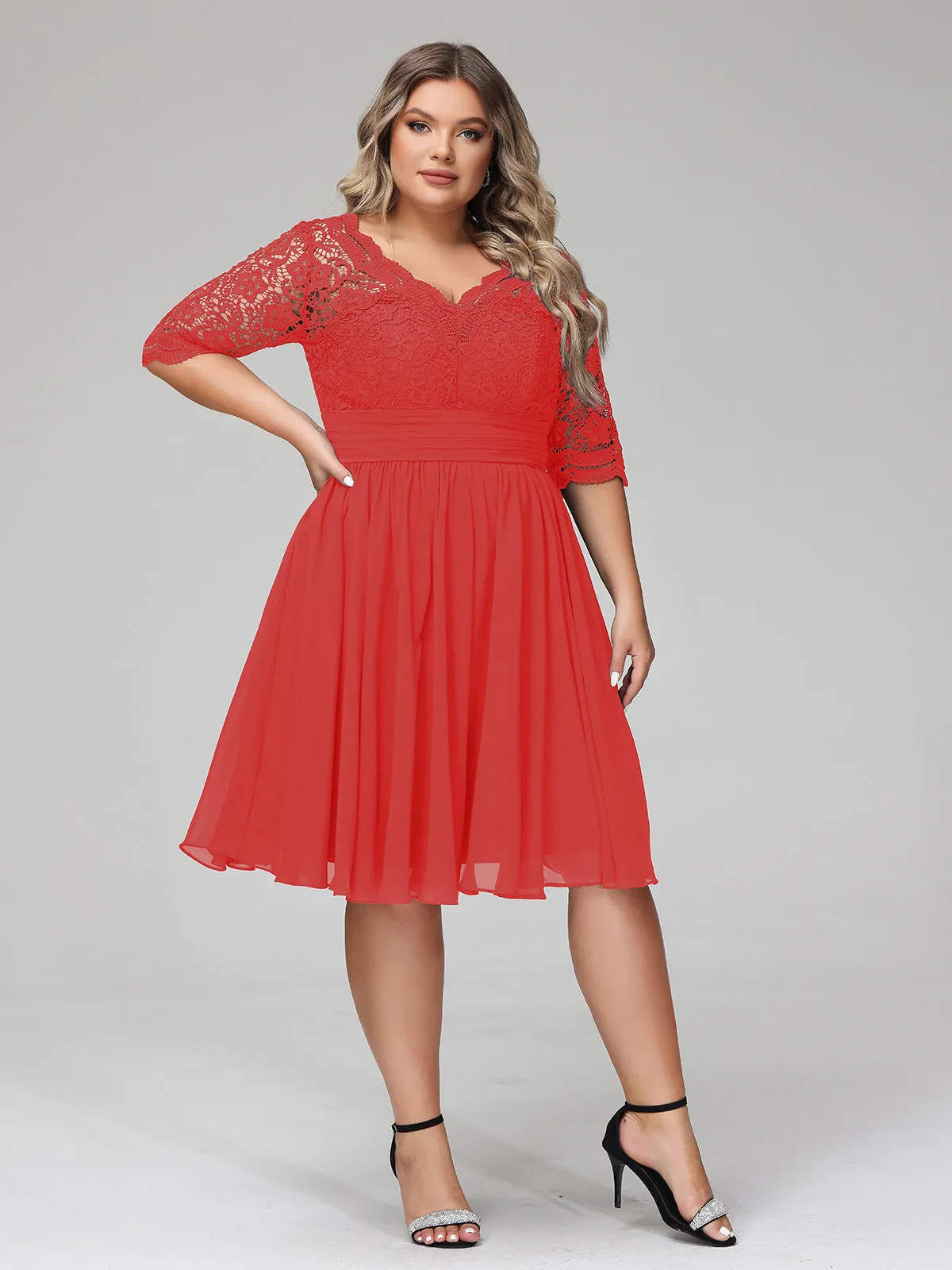 Lace and Chiffon Short Dress with Half Sleeves Red