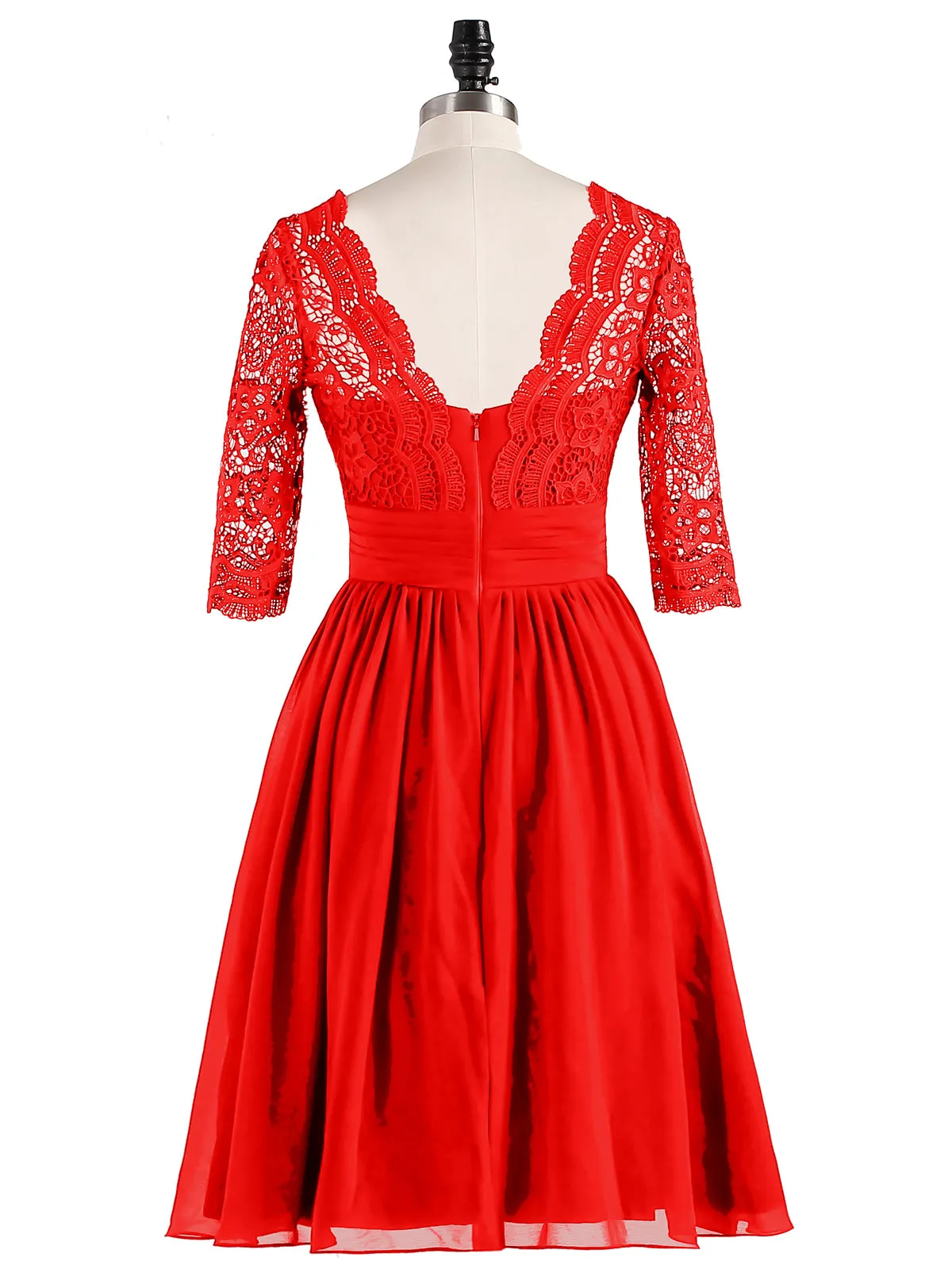Lace and Chiffon Short Dress with Half Sleeves Red