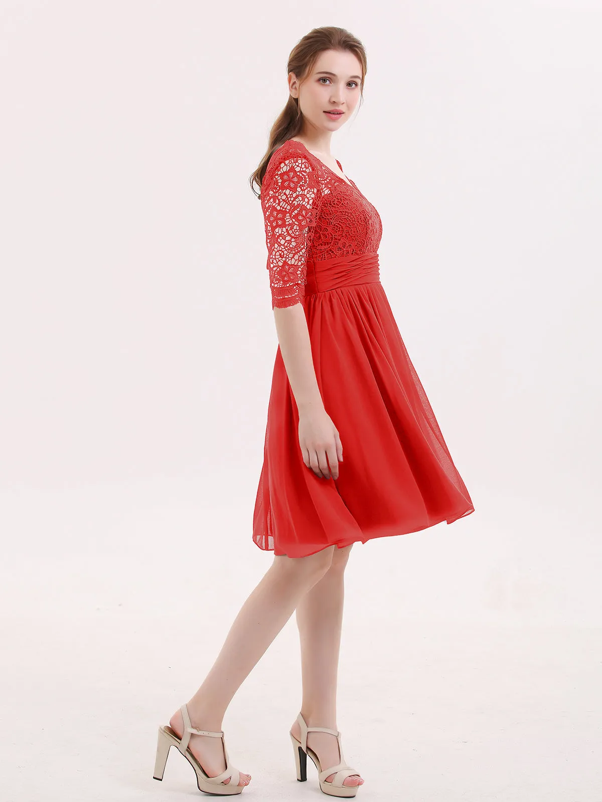Lace and Chiffon Short Dress with Half Sleeves Red