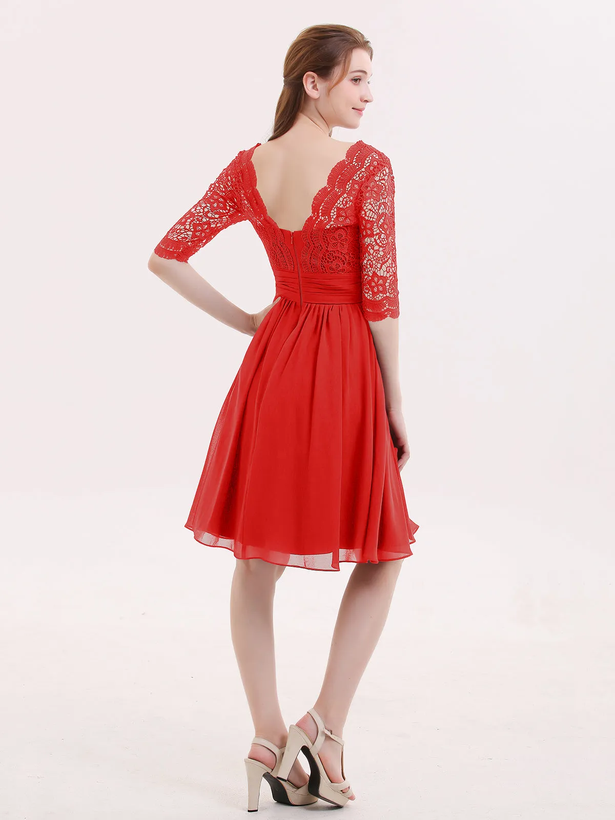 Lace and Chiffon Short Dress with Half Sleeves Red