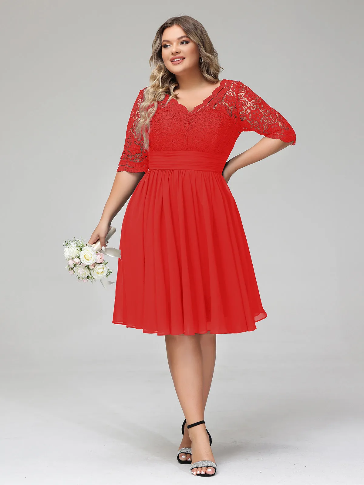 Lace and Chiffon Short Dress with Half Sleeves Red