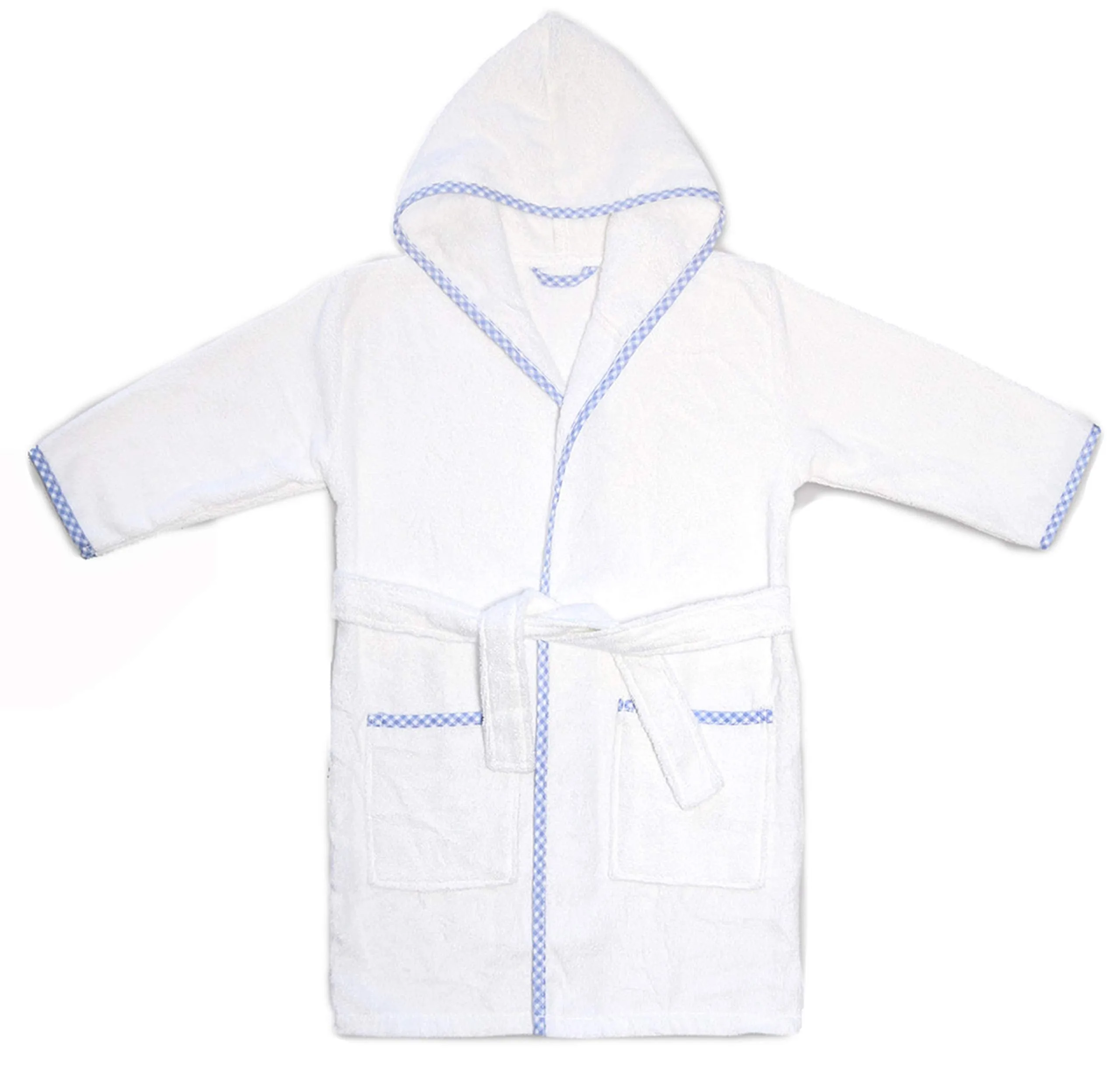 MAURA Prince George Style Bathrobe. Luxury Hooded Bathrobe White and Blue Checkered Binding Turkish Terry Bath Towel Cute and Cuddly. Super Soft and Absorbent.