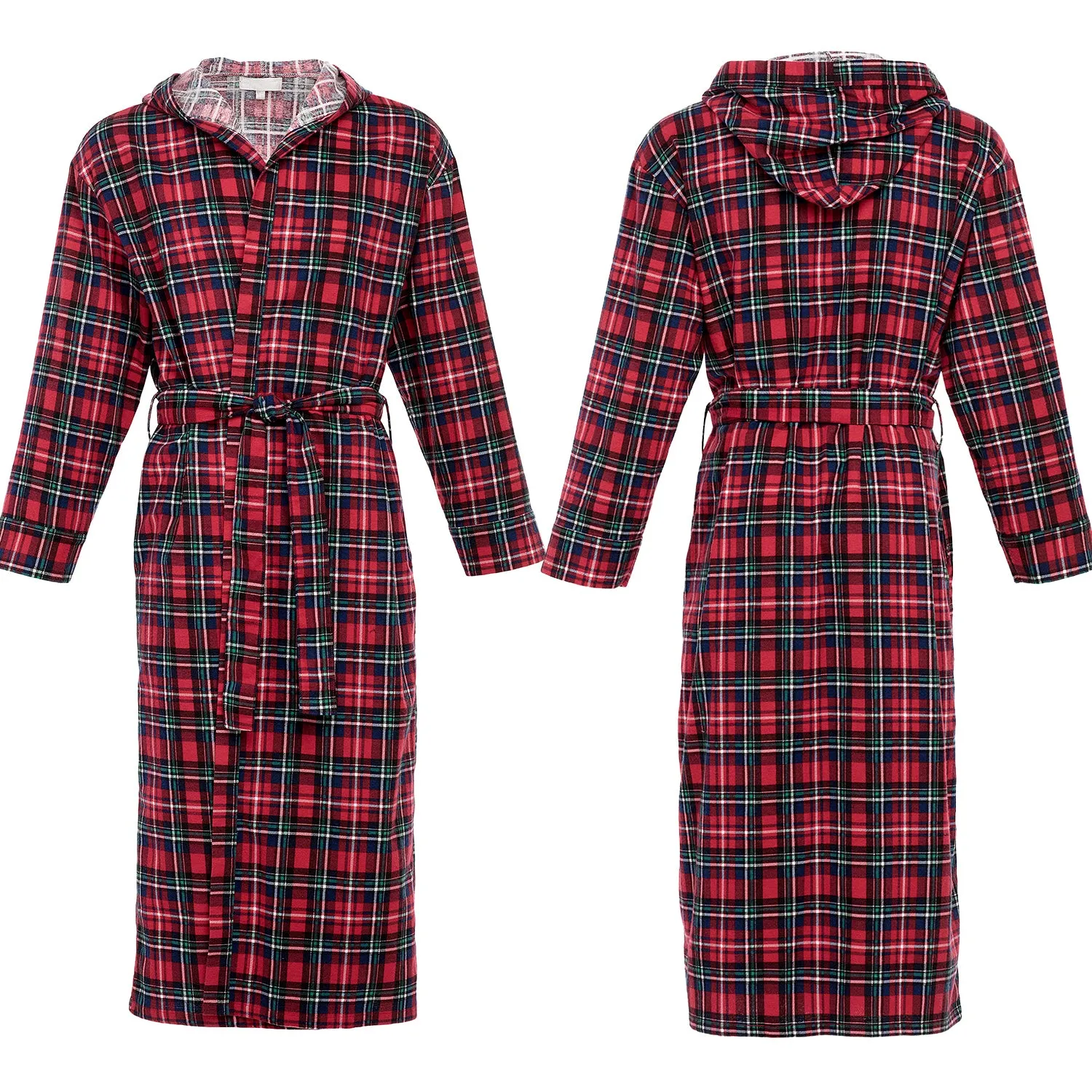 Men's Cotton Flannel Robe with Pockets, Hooded Bathrobe