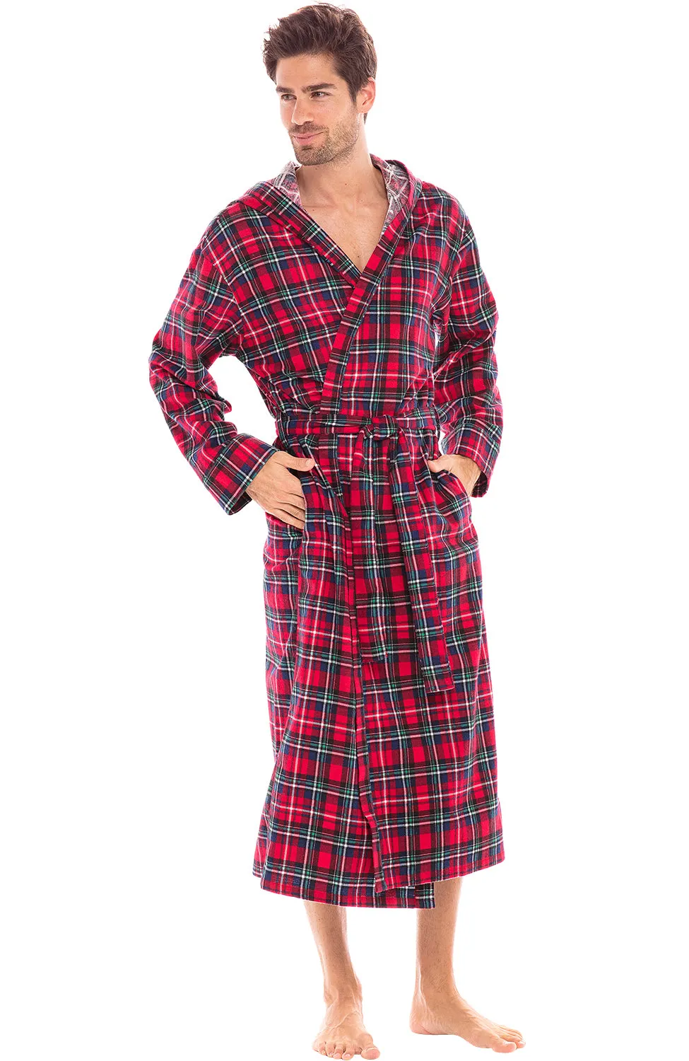Men's Cotton Flannel Robe with Pockets, Hooded Bathrobe
