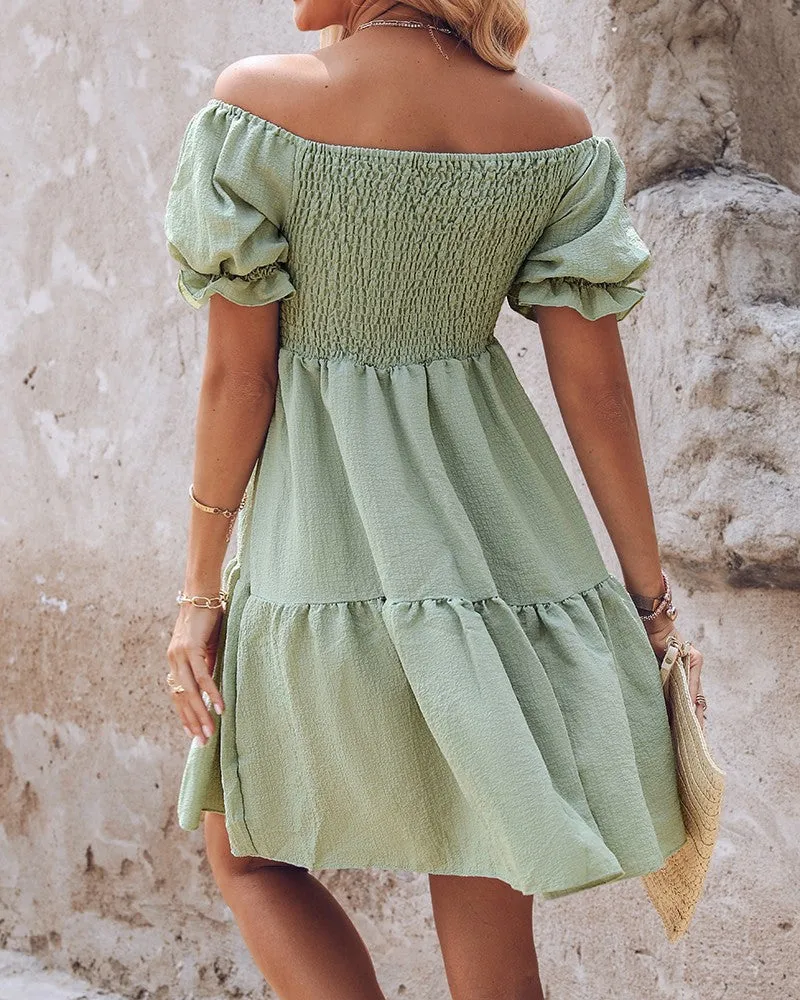 Off Shoulder Shirred Flowy Swing Dress