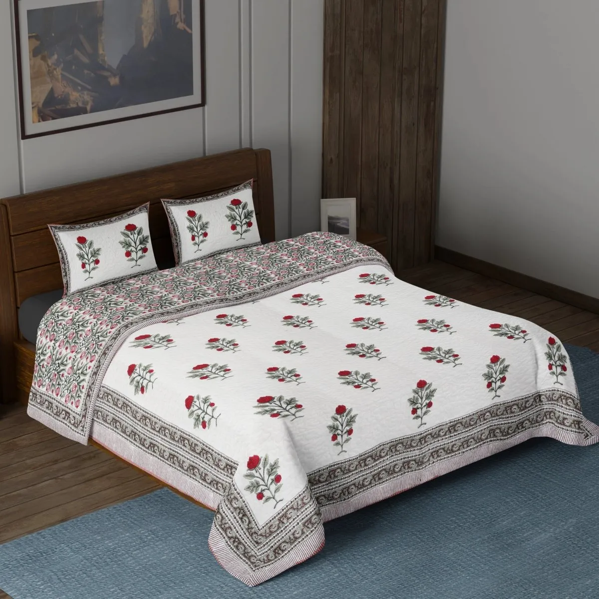 Quilted Double Bed Cover In Fine Cotton | Reversible Hand Printed With Bright Floral | Handmade In India