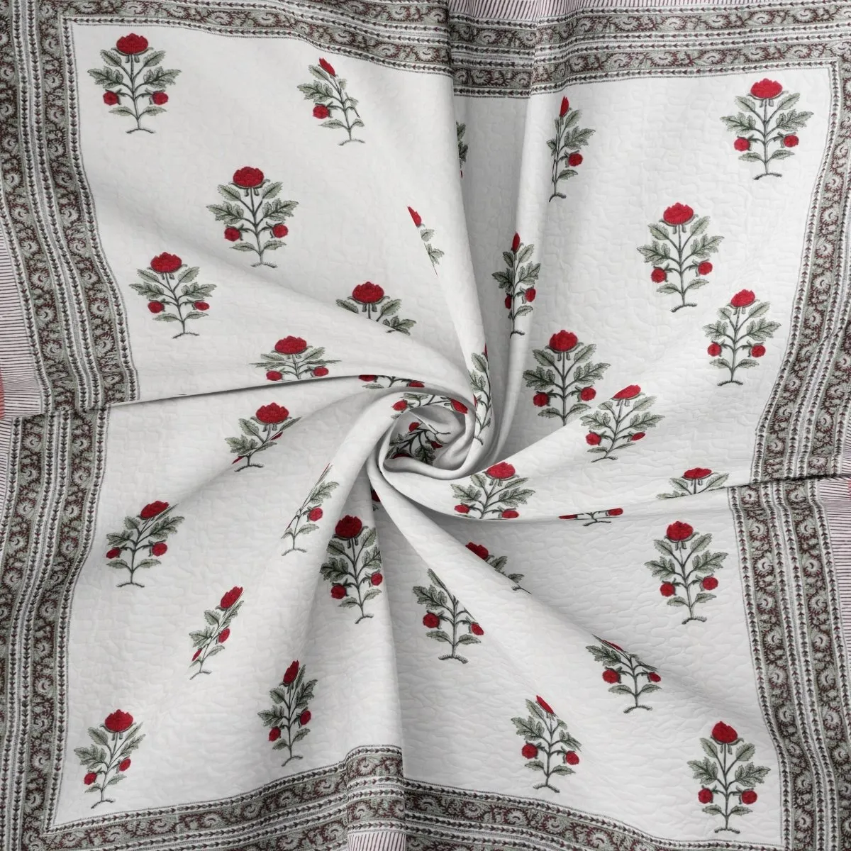 Quilted Double Bed Cover In Fine Cotton | Reversible Hand Printed With Bright Floral | Handmade In India