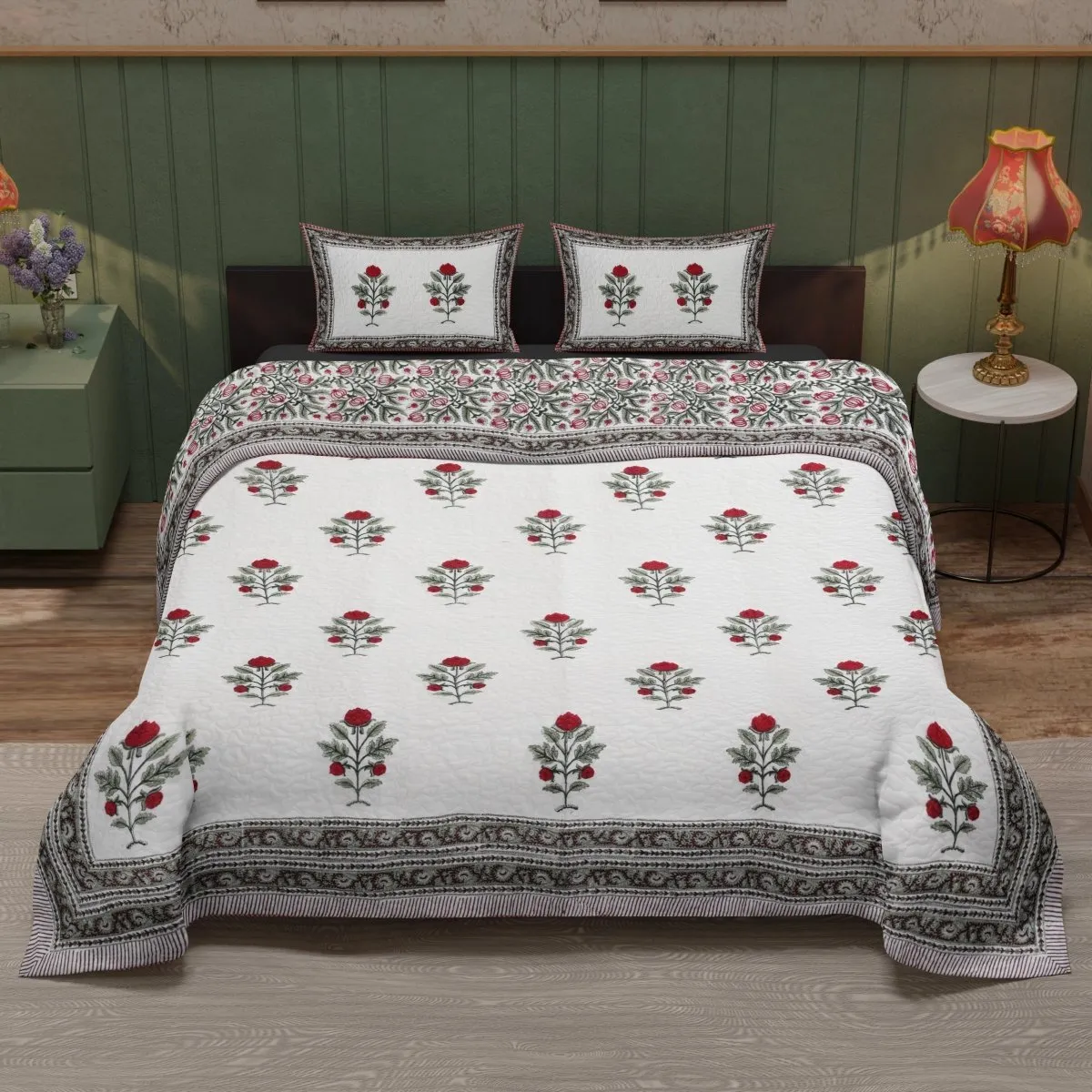 Quilted Double Bed Cover In Fine Cotton | Reversible Hand Printed With Bright Floral | Handmade In India
