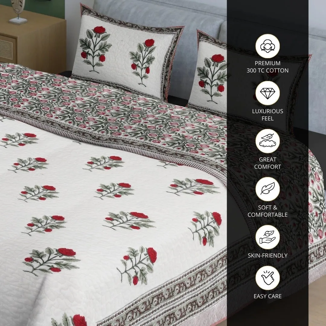 Quilted Double Bed Cover In Fine Cotton | Reversible Hand Printed With Bright Floral | Handmade In India